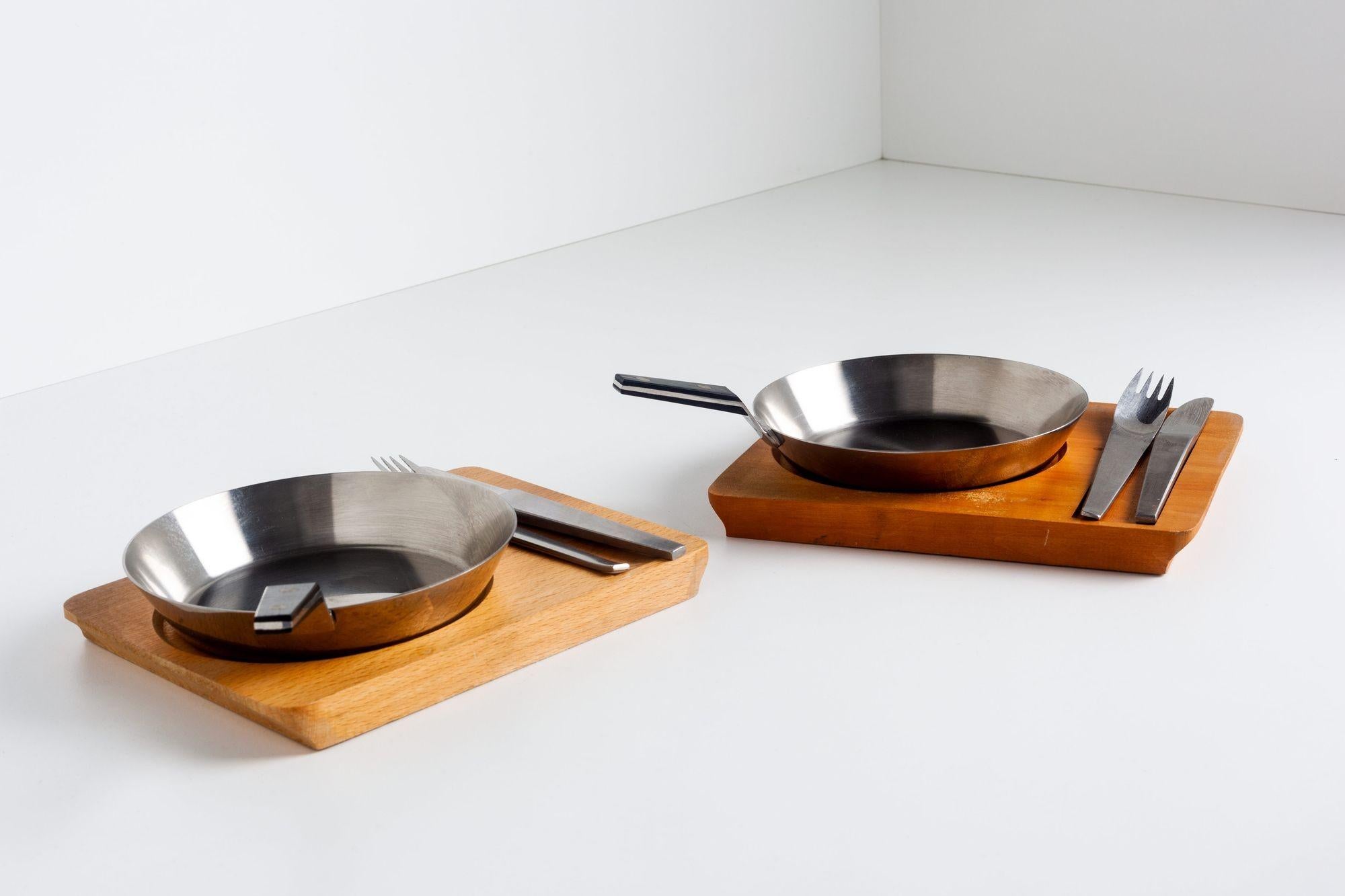 Stainless Steel Carl Aubock Tableware Service Tray and Skillet for Two with Amboss 2060 For Sale