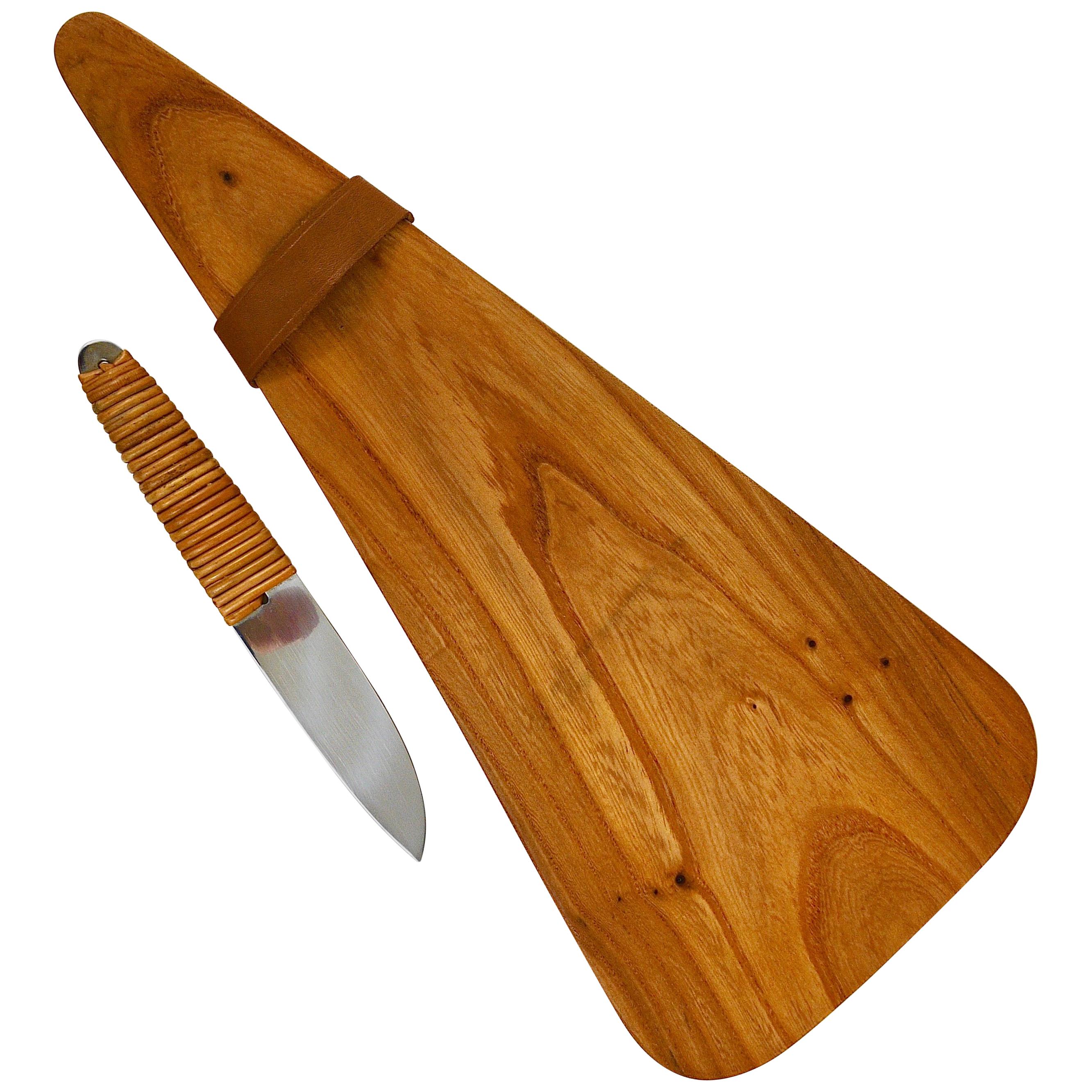 Carl Aubock Triangular Walnut Cutting Board with Wickerwork Handle Knife, 1950s