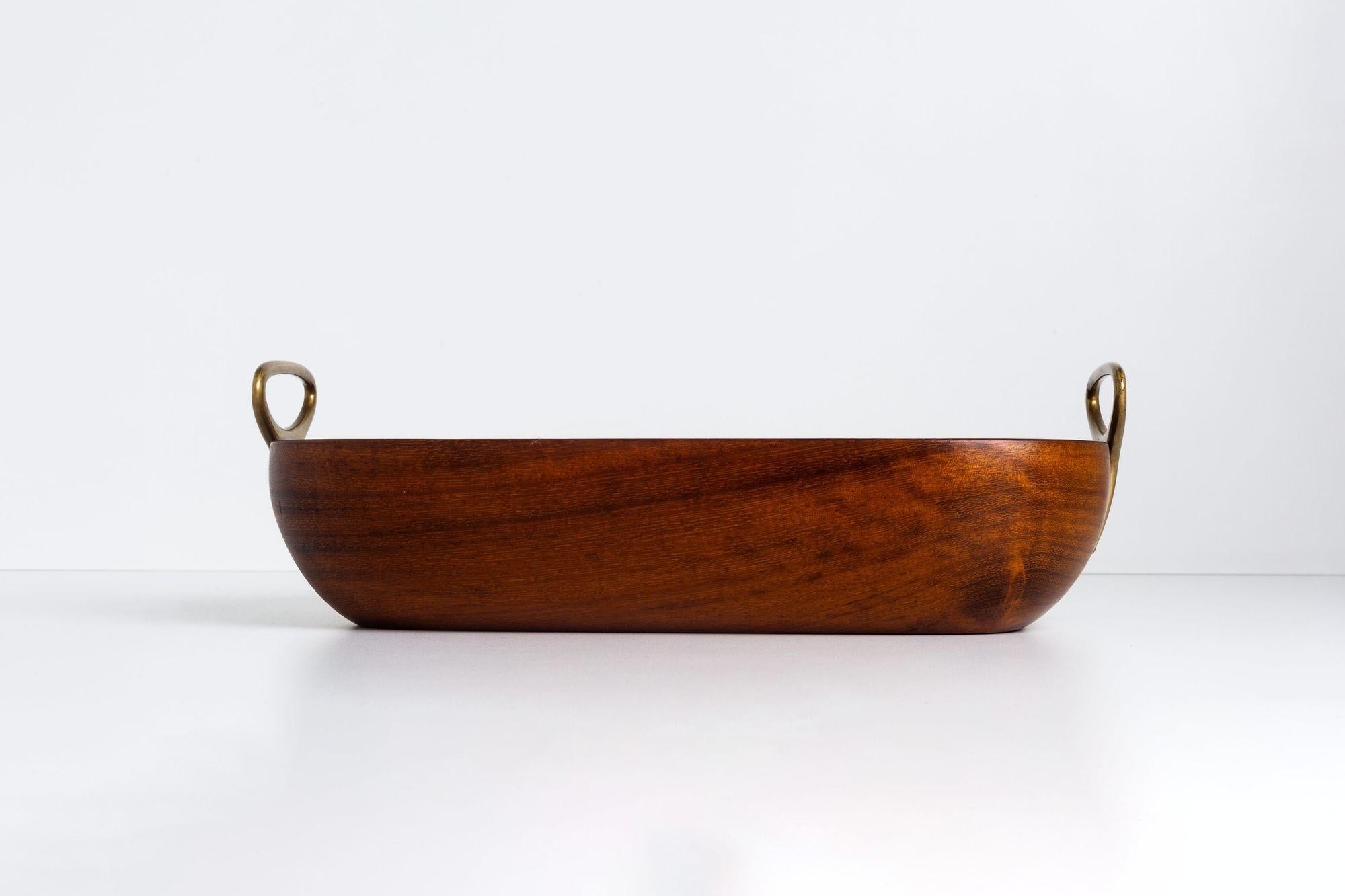 Mid-Century Modern Carl Aubock Turkish Walnut Wooden Bowl with Brass Handles