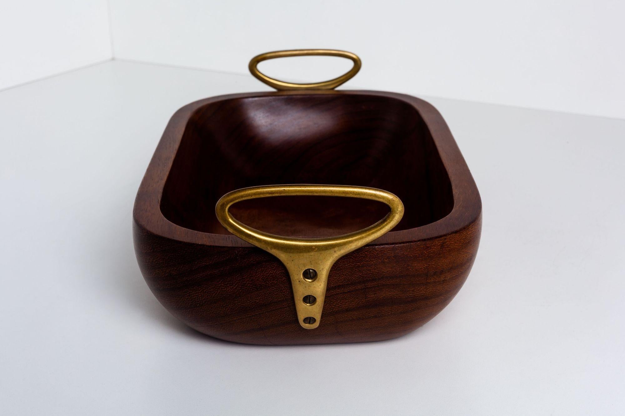 Carl Aubock Turkish Walnut Wooden Bowl with Brass Handles In Good Condition In Chicago, IL
