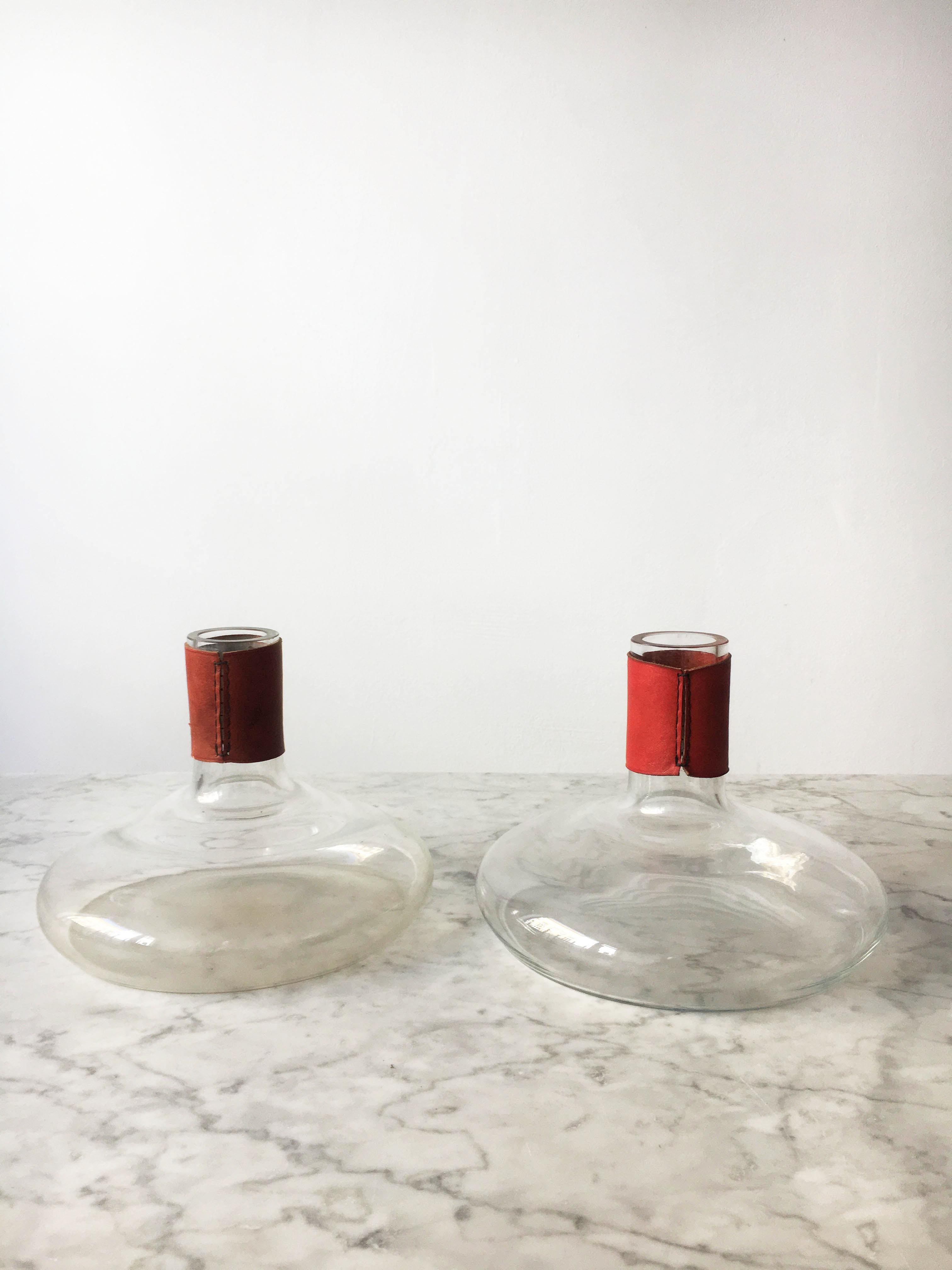 Mid-Century Modern Carl Auböck II Sculpted Vases Set of Two Red Leather Wrapped, Austria 1950s