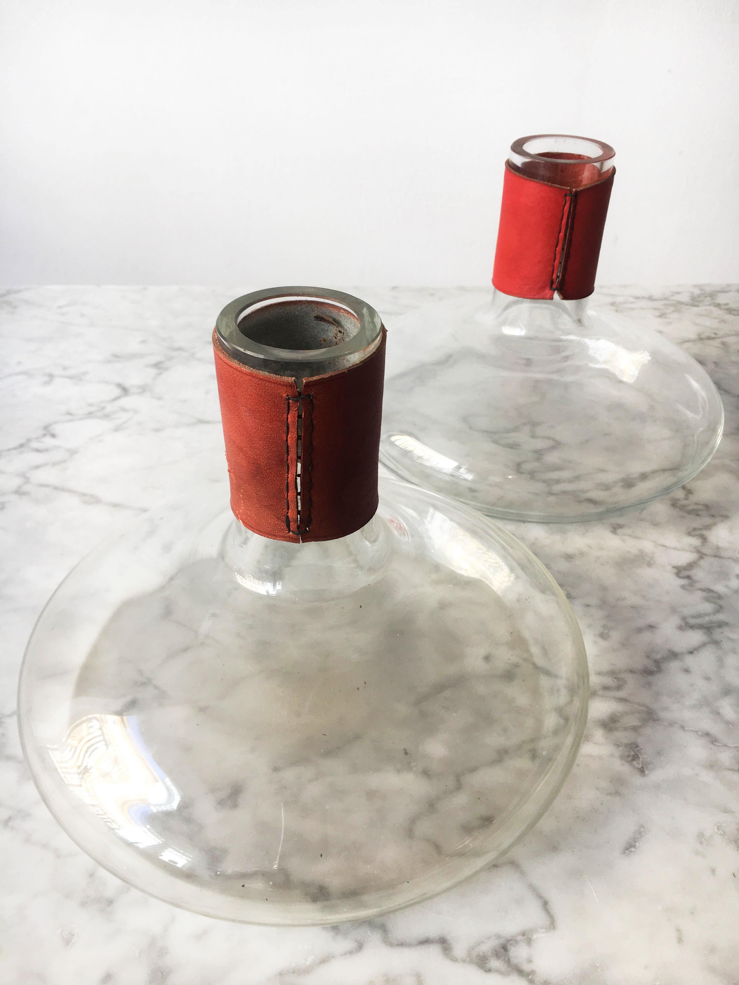 Austrian Carl Auböck II Sculpted Vases Set of Two Red Leather Wrapped, Austria 1950s