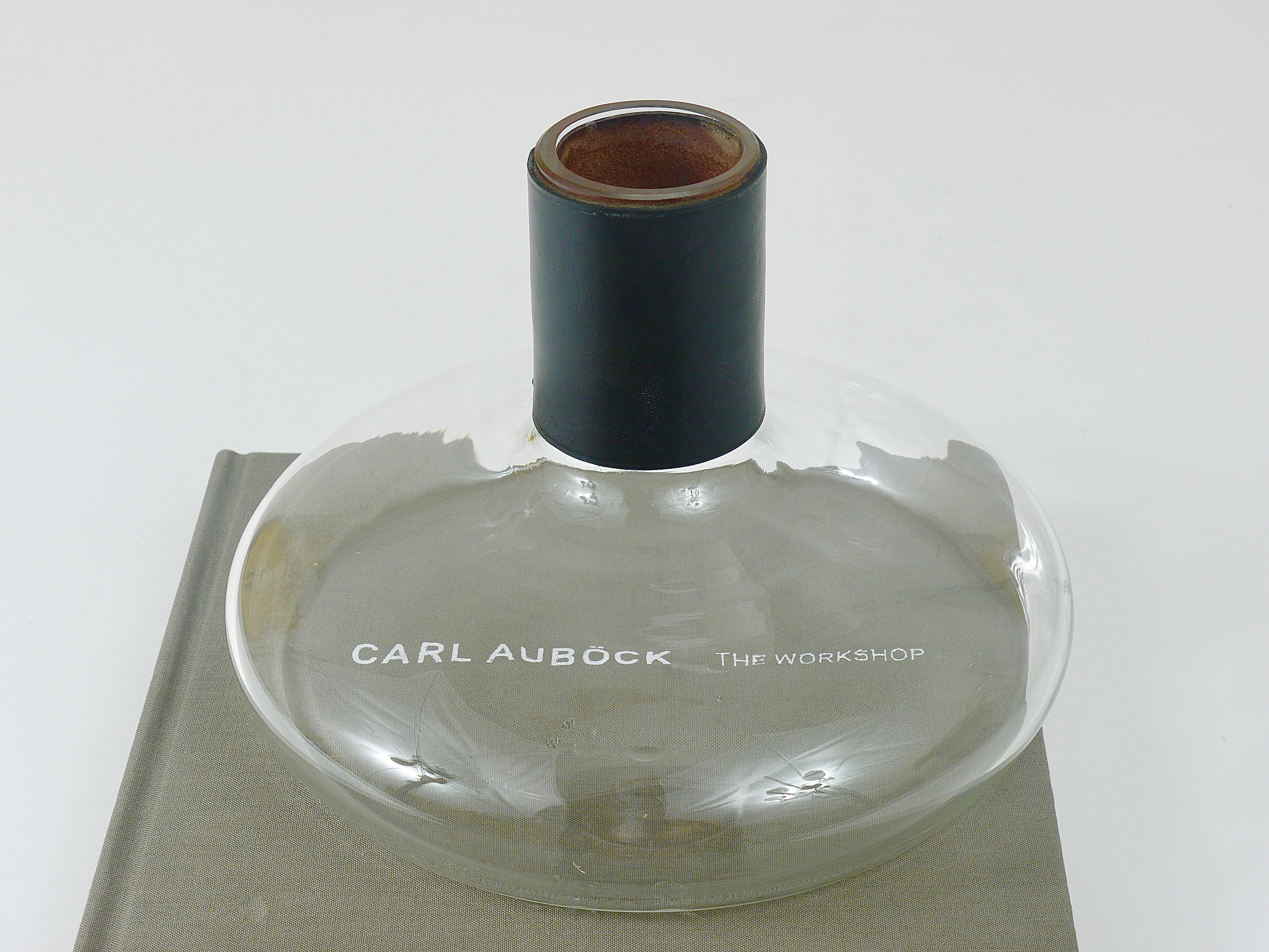 Austrian Carl Aubock Vase or Decanter with Black Leather Top, Midcentury, Austria, 1950s For Sale