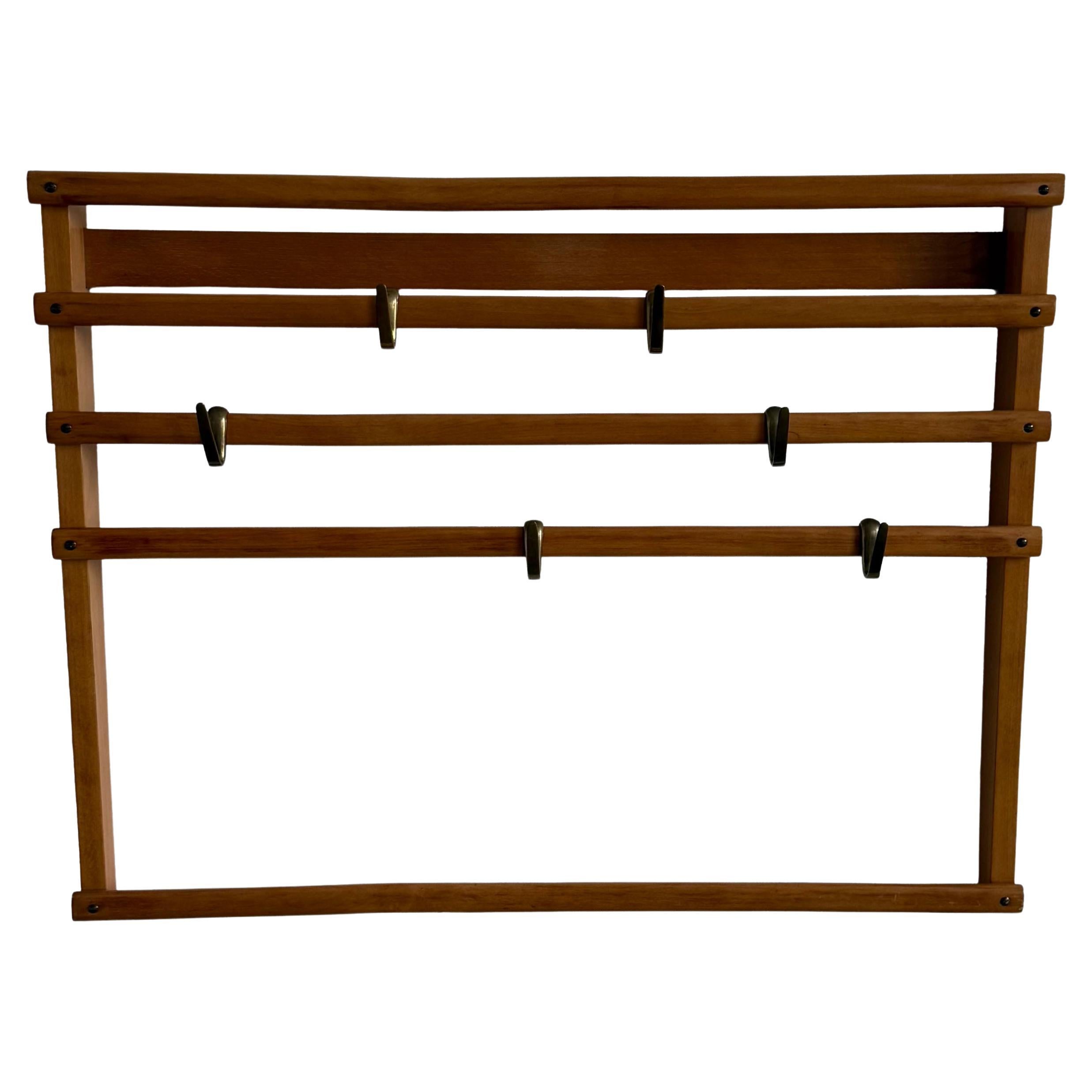 Wall Coat Rack by Werkstätte Carl Auböck, Beech Wood & Brass, Austria 1955
