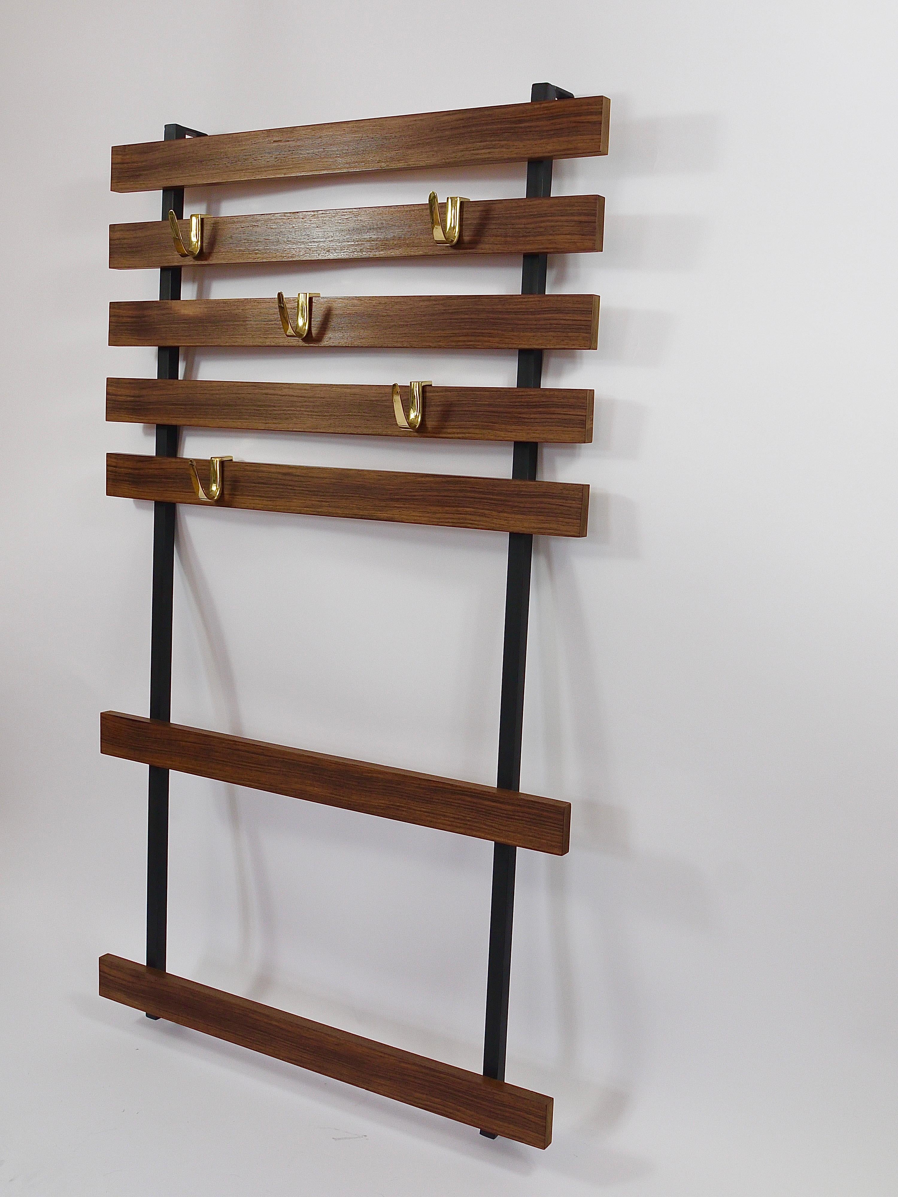 Carl Aubock Wall Coat Rack with 5 Brass Hooks, Walnut, Iron, Austria, 1950s For Sale 5