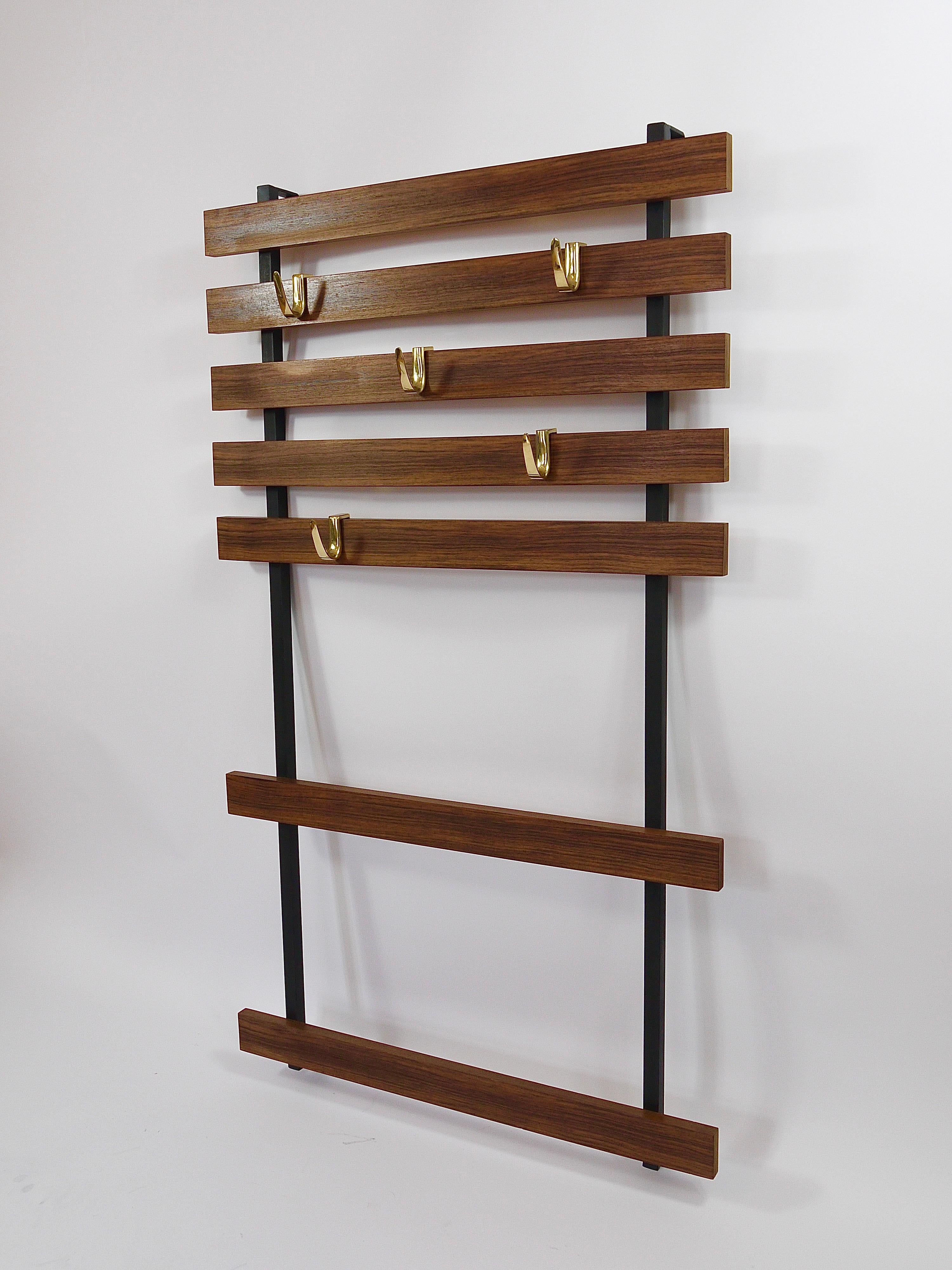 Carl Aubock Wall Coat Rack with 5 Brass Hooks, Walnut, Iron, Austria, 1950s For Sale 6