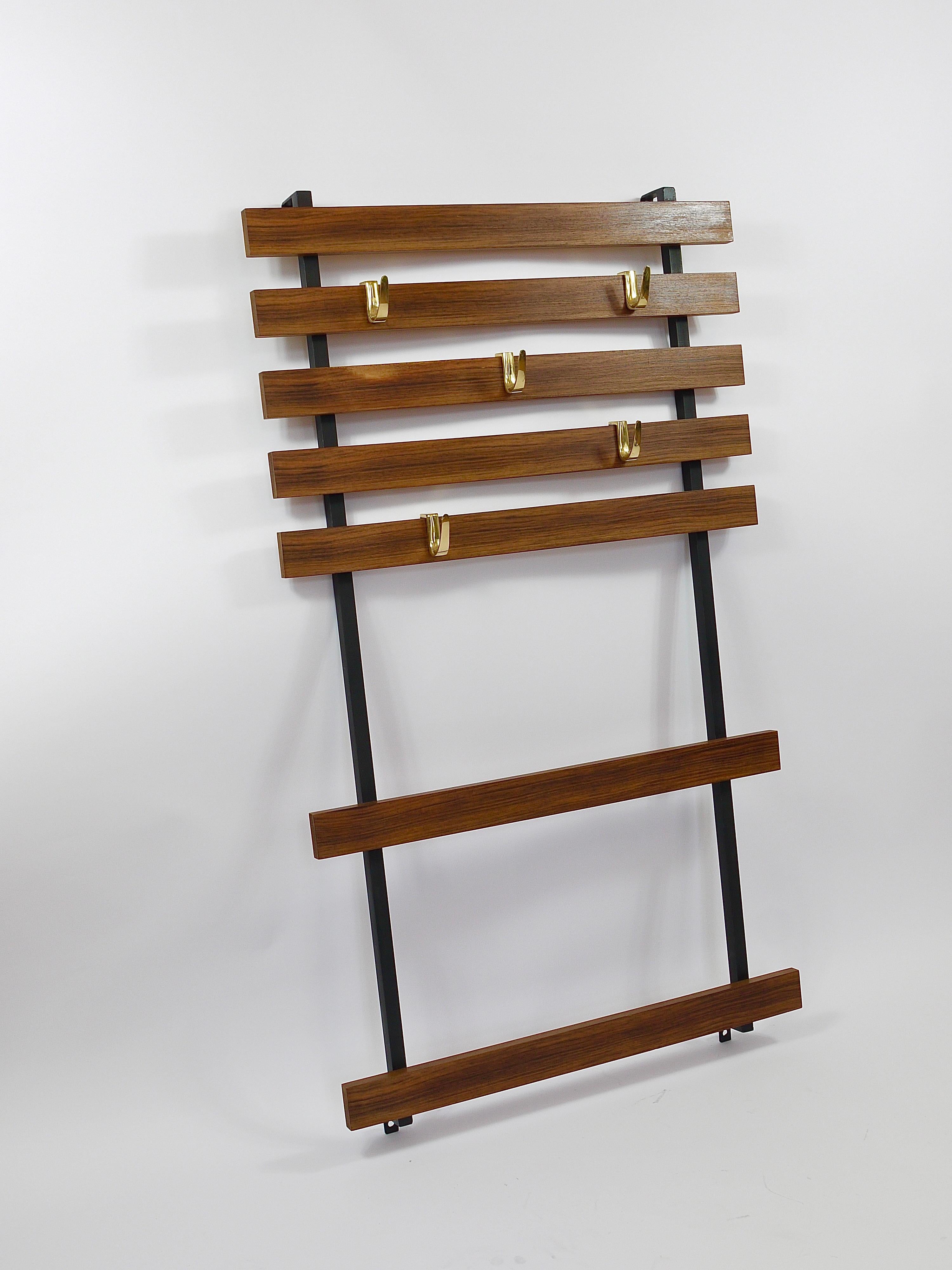 Austrian Carl Aubock Wall Coat Rack with 5 Brass Hooks, Walnut, Iron, Austria, 1950s For Sale