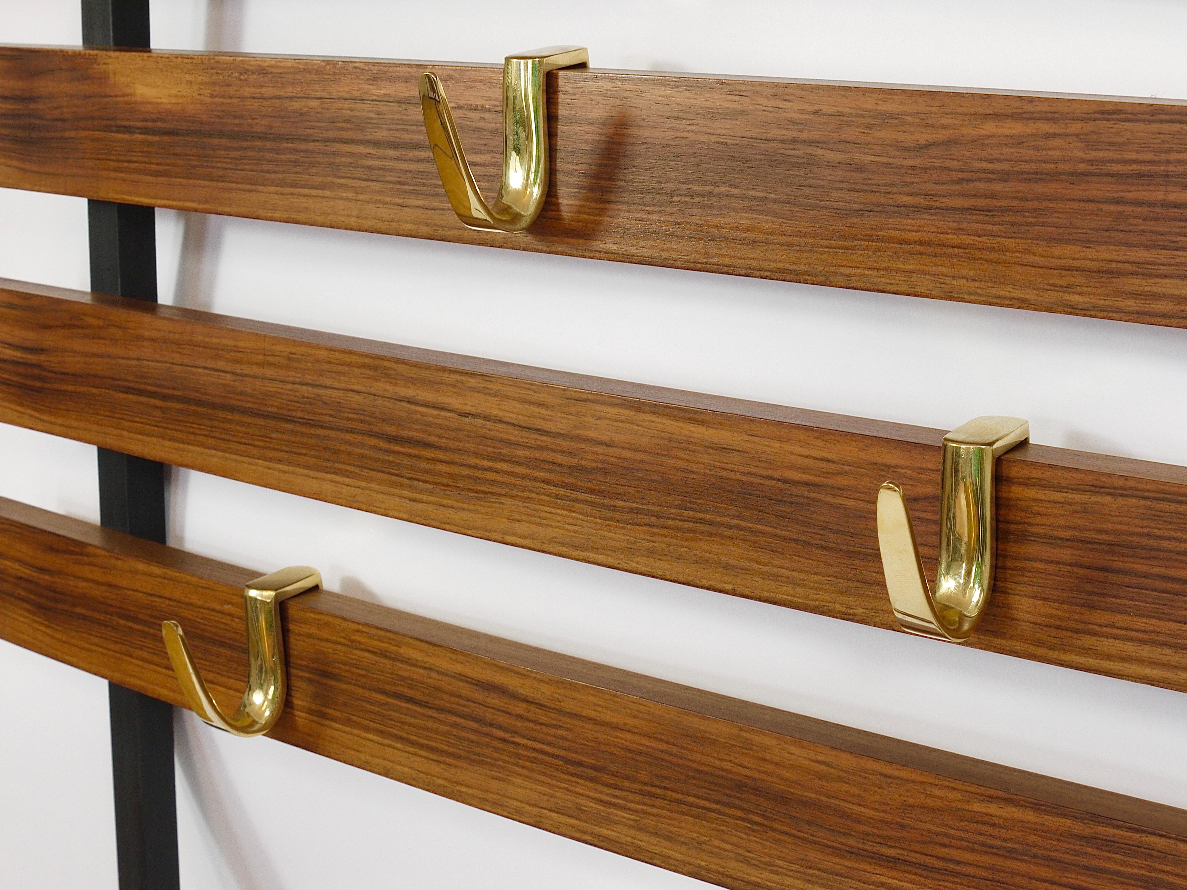 Carl Aubock Wall Coat Rack with 5 Brass Hooks, Walnut, Iron, Austria, 1950s In Good Condition For Sale In Vienna, AT