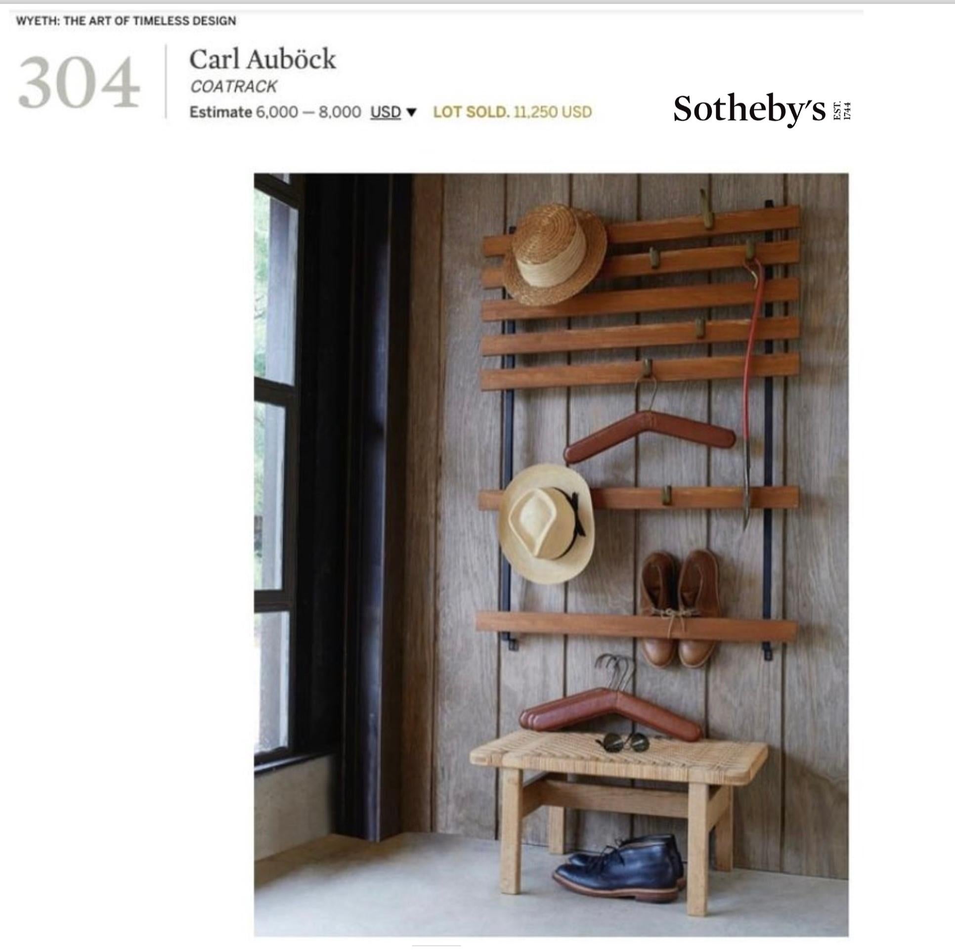 20th Century Carl Aubock Wall Coat Rack with 5 Brass Hooks, Walnut, Iron, Austria, 1950s For Sale