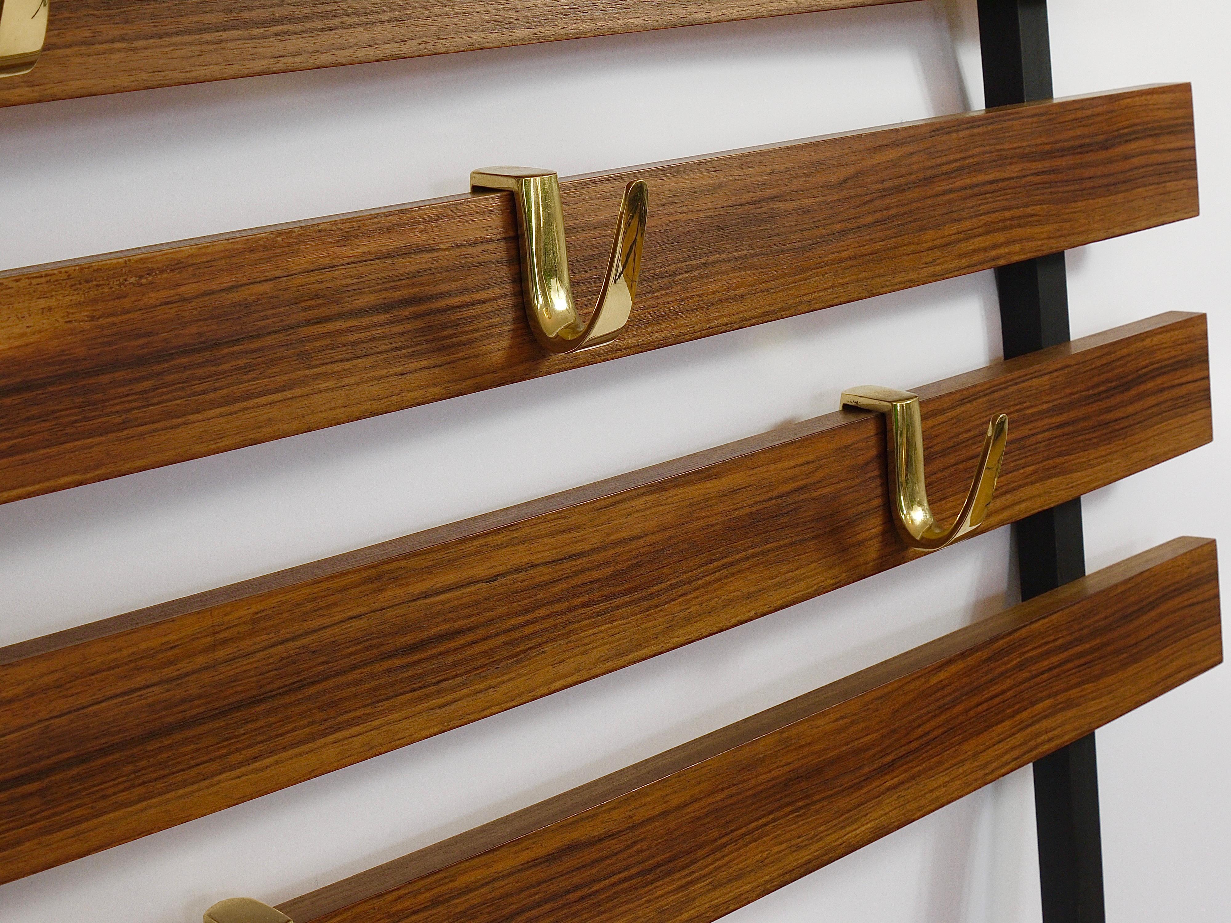 Carl Aubock Wall Coat Rack with 5 Brass Hooks, Walnut, Iron, Austria, 1950s For Sale 2