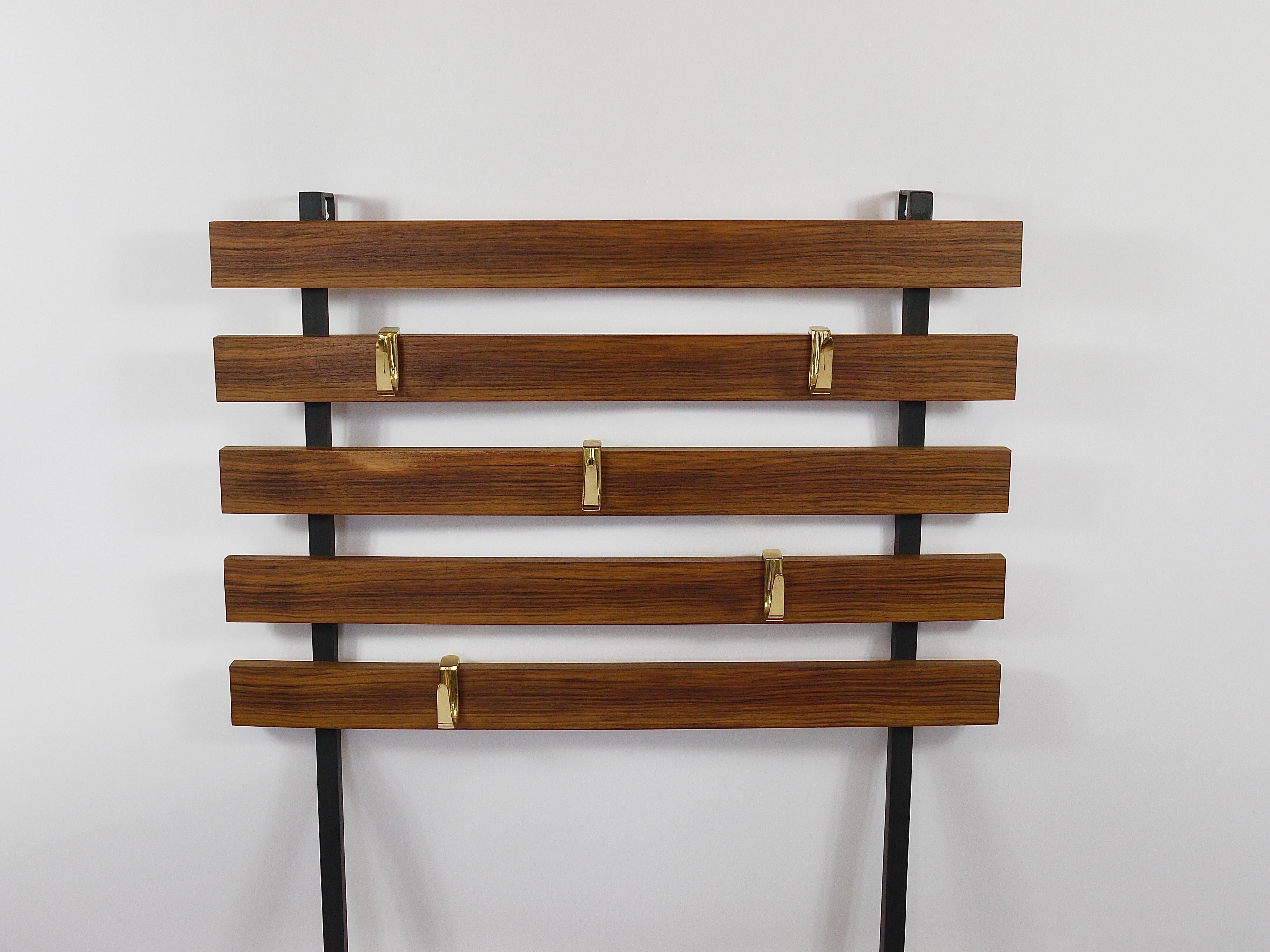 Carl Aubock Wall Coat Rack with 5 Brass Hooks, Walnut, Iron, Austria, 1950s For Sale 3