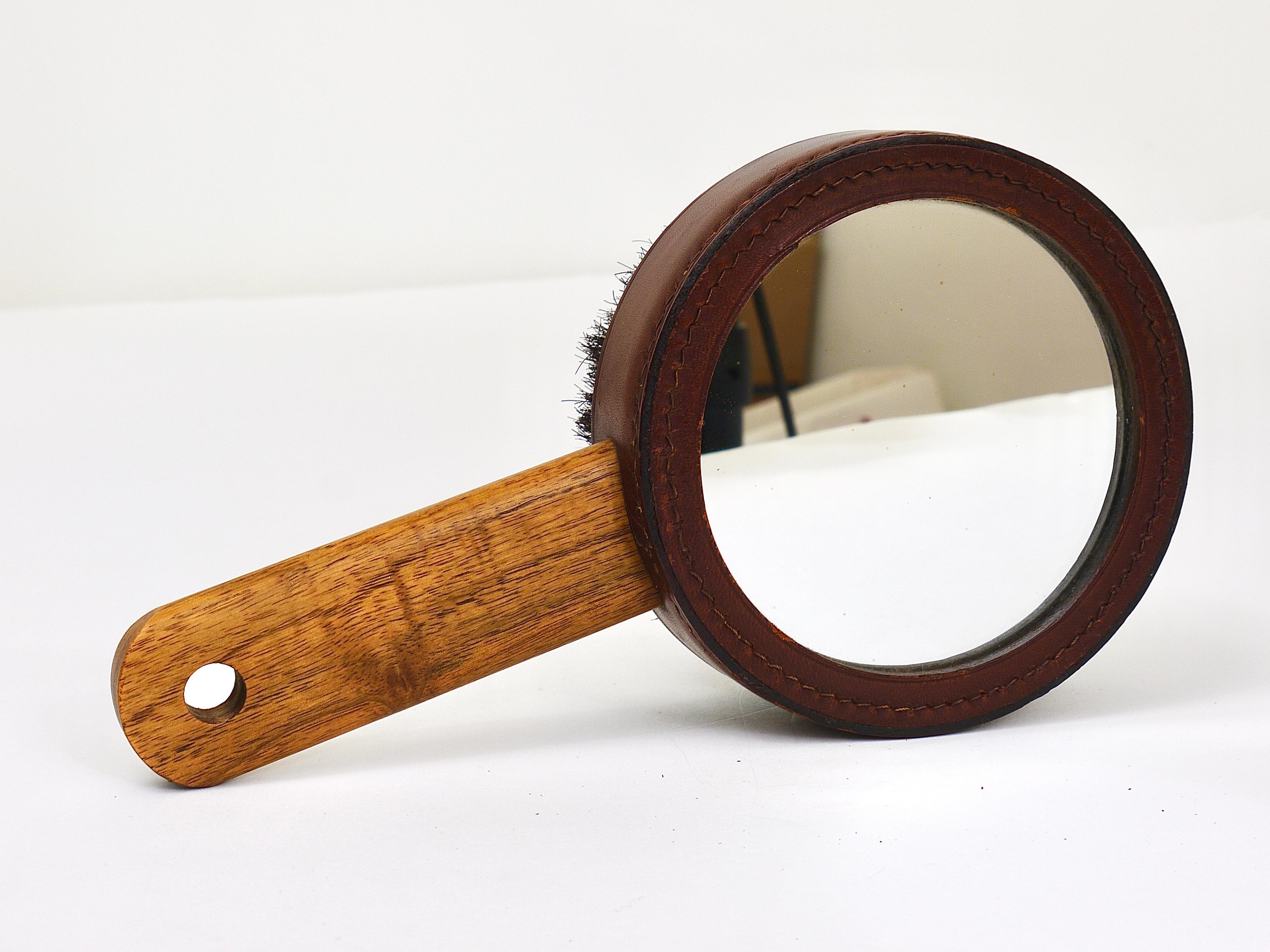 20th Century Carl Aubock Walnut & Leather Hand Mirror & Clothes Brush, Austria, 1950s For Sale