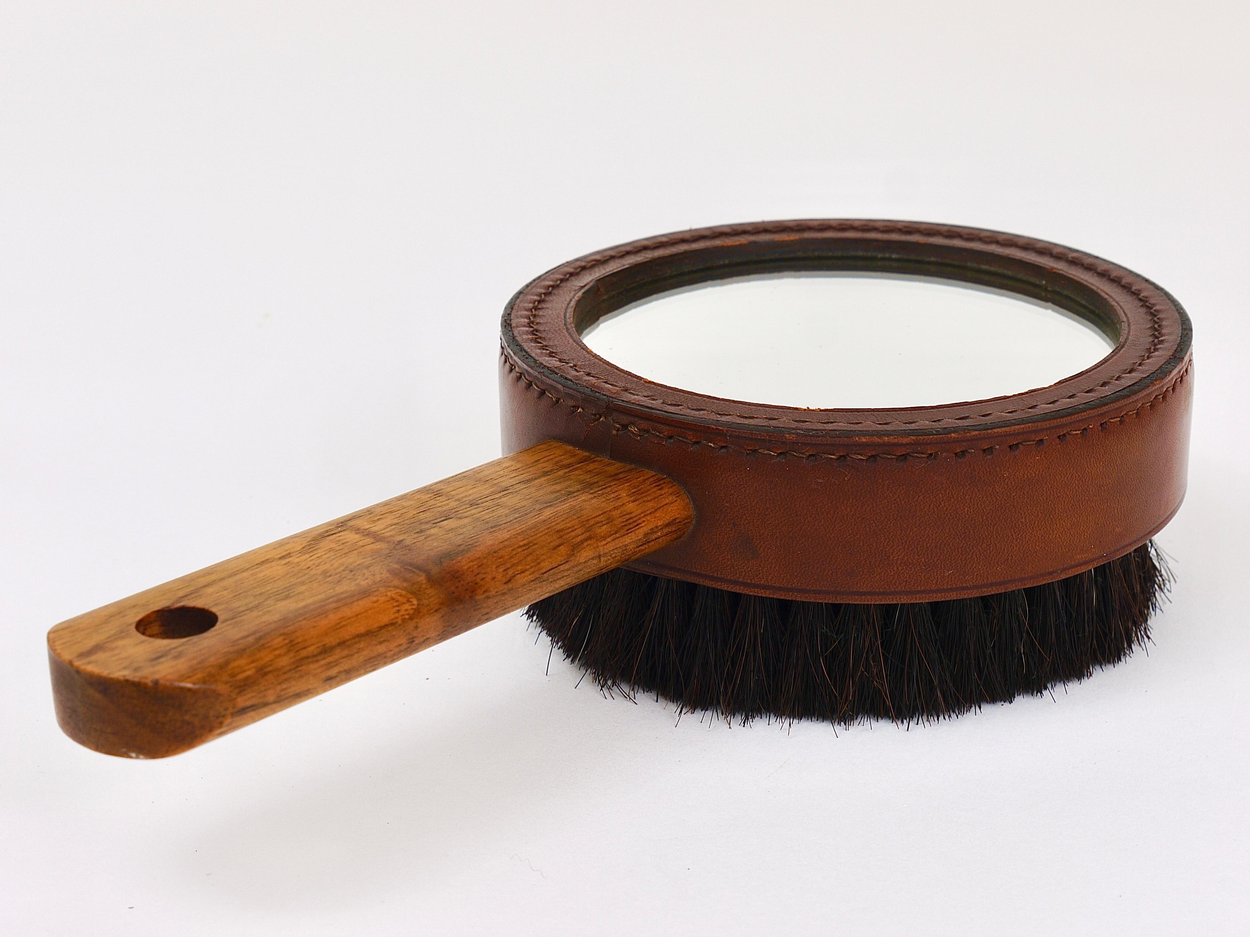 Carl Aubock Walnut & Leather Hand Mirror & Clothes Brush, Austria, 1950s For Sale 3