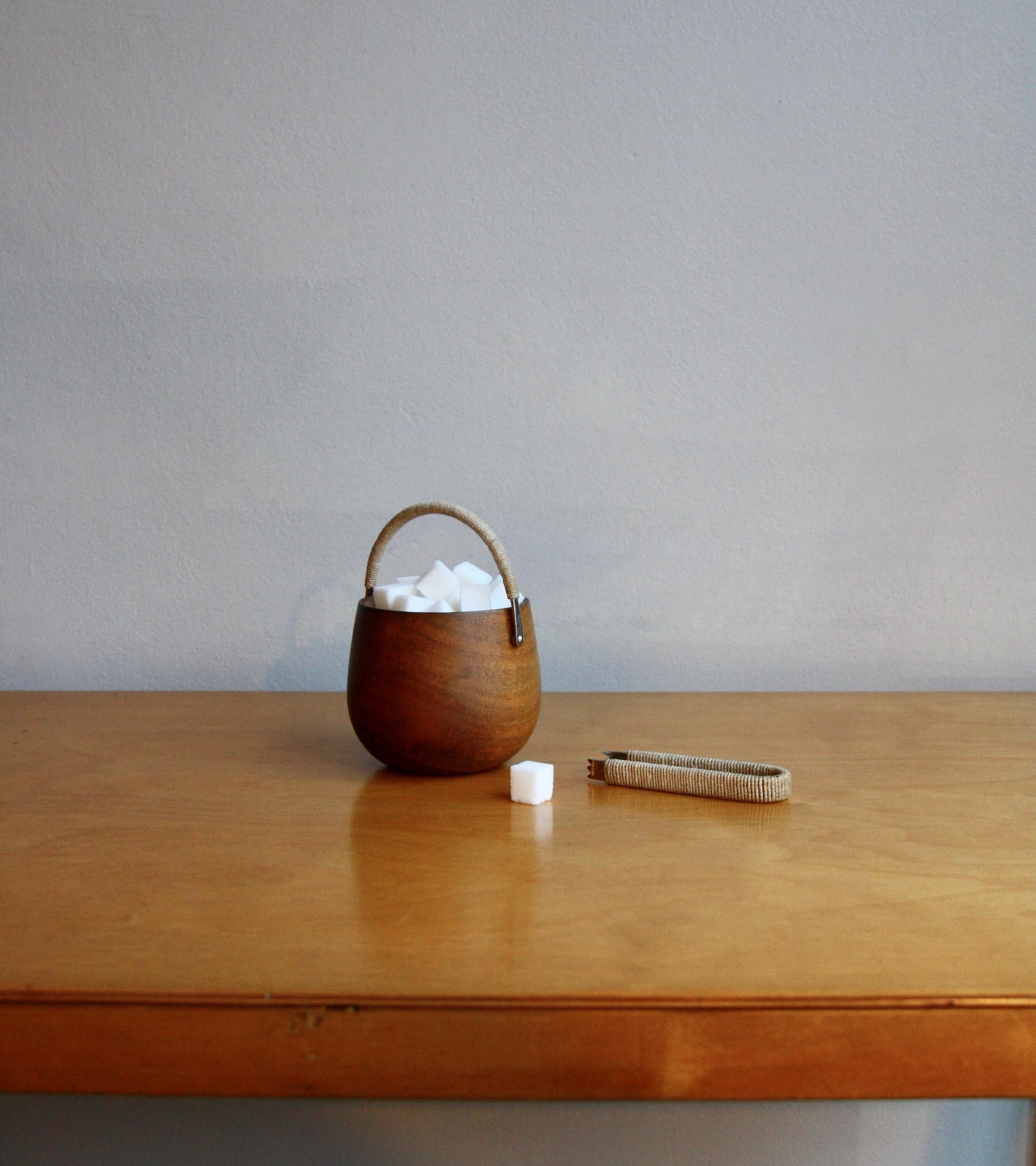 Mid-Century Modern Carl Auböck Walnut Sugar Pot with Nickel-Plated Brass Rope Bound Handle & Tongs 