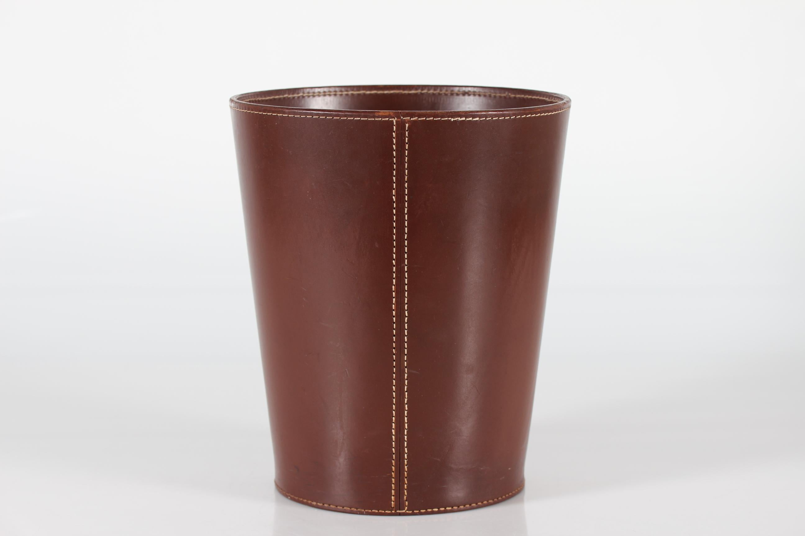 Danish Carl Auböck Wastepaper Basket of Genuine Dark Brown Leather by Illums, 1970s