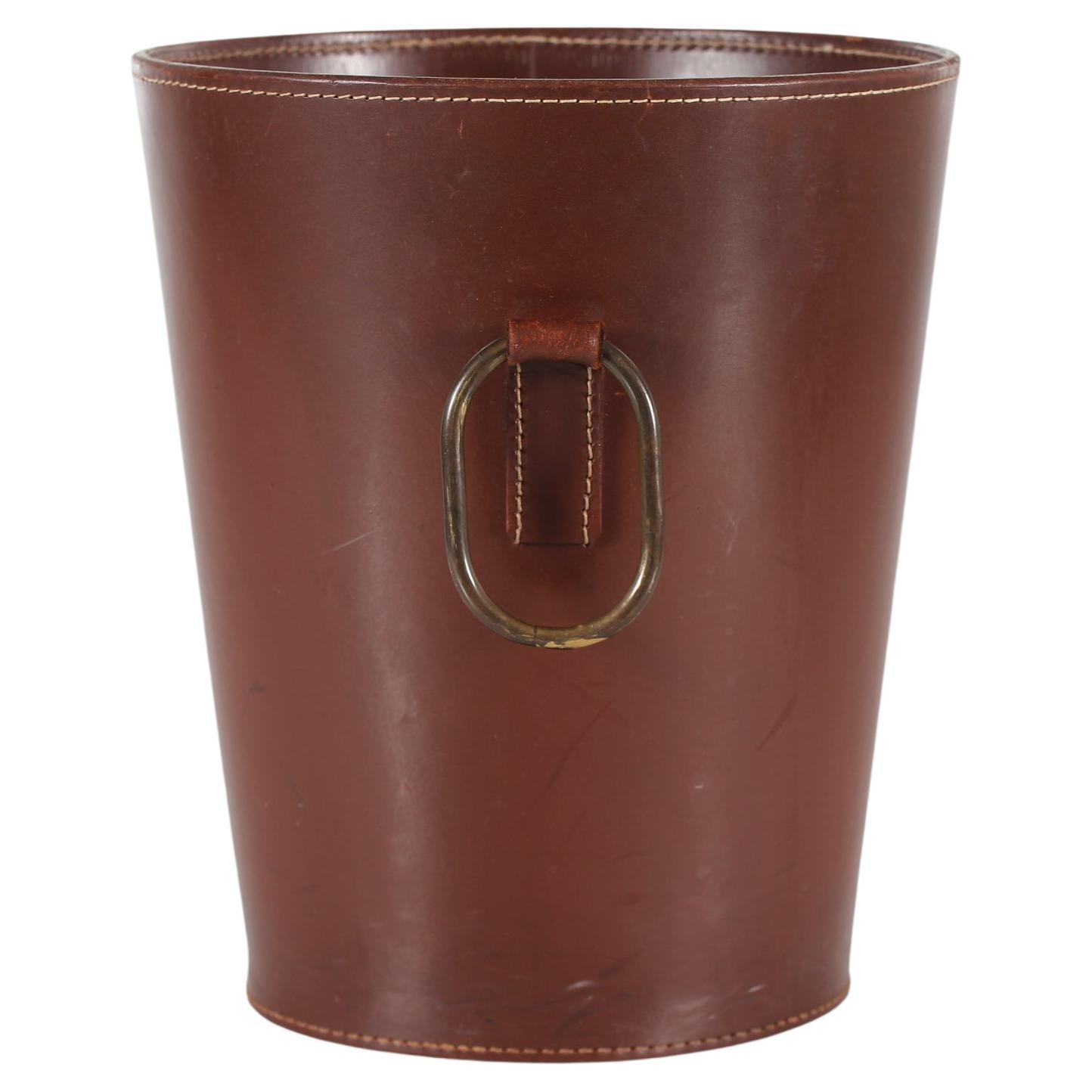 Carl Auböck Wastepaper Basket of Genuine Dark Brown Leather by Illums, 1970s