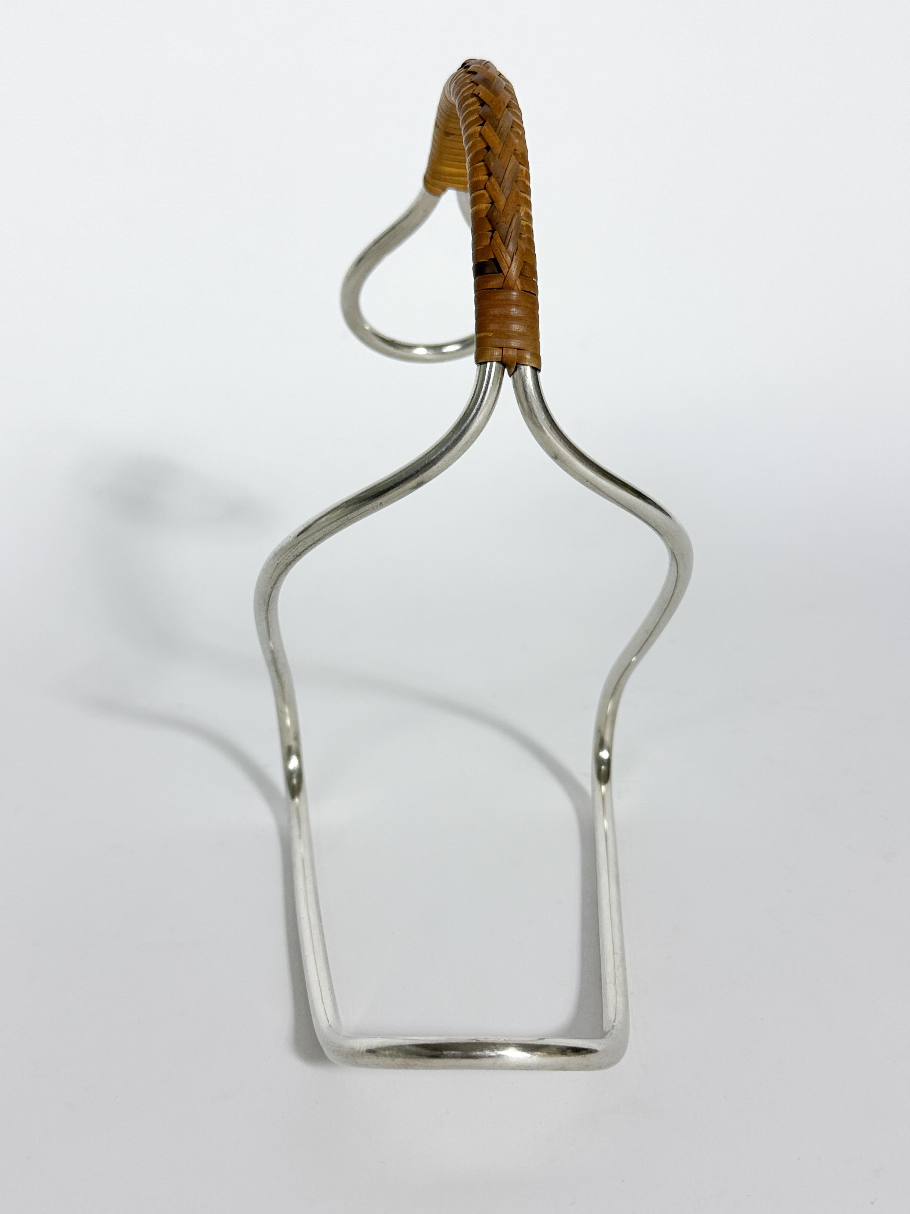 Mid-Century Modern Carl Auböck Wine Bottle Server Wicker Handle Nickel Silver 1950s For Sale