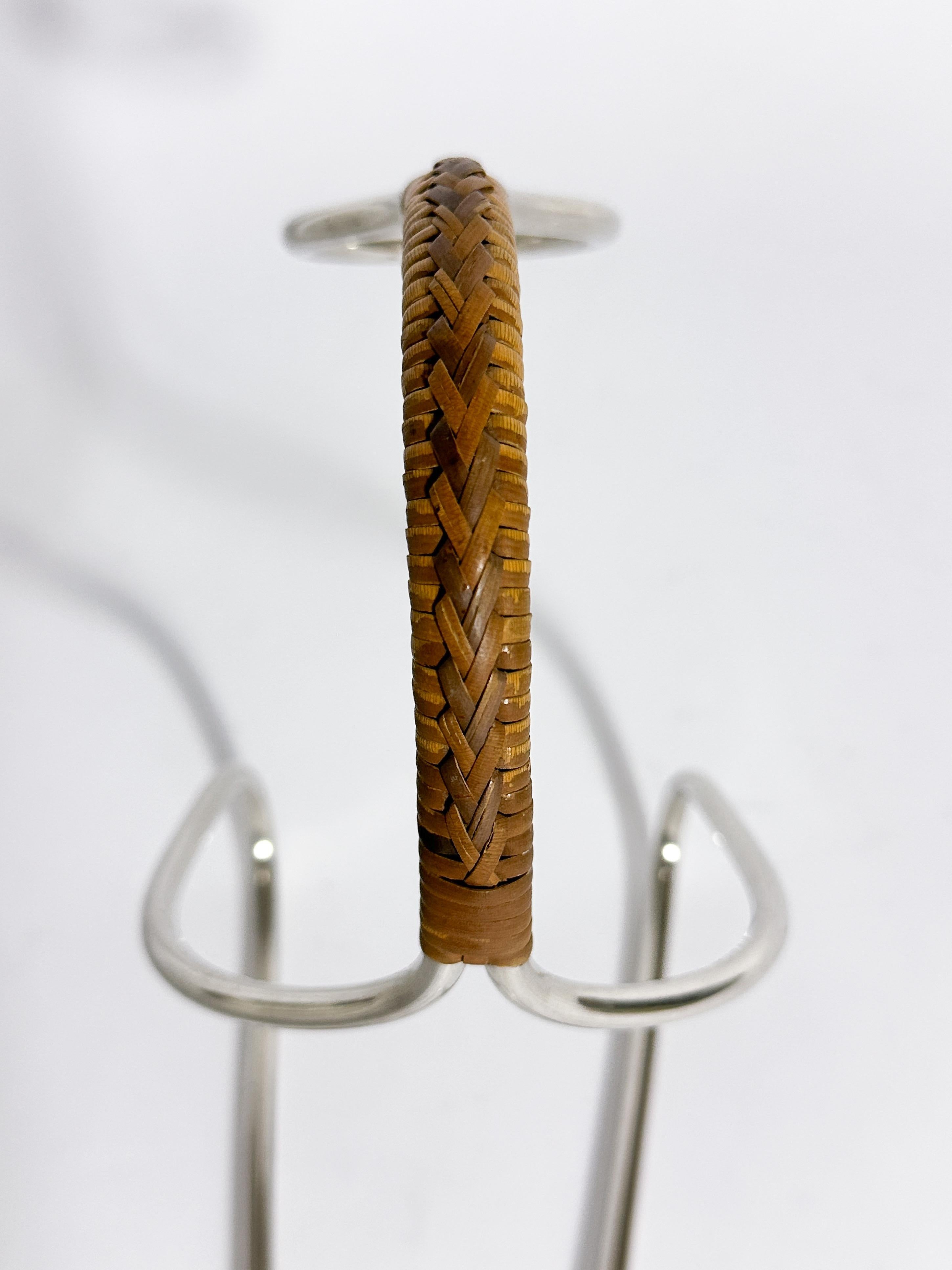 Austrian Carl Auböck Wine Bottle Server Wicker Handle Nickel Silver 1950s For Sale