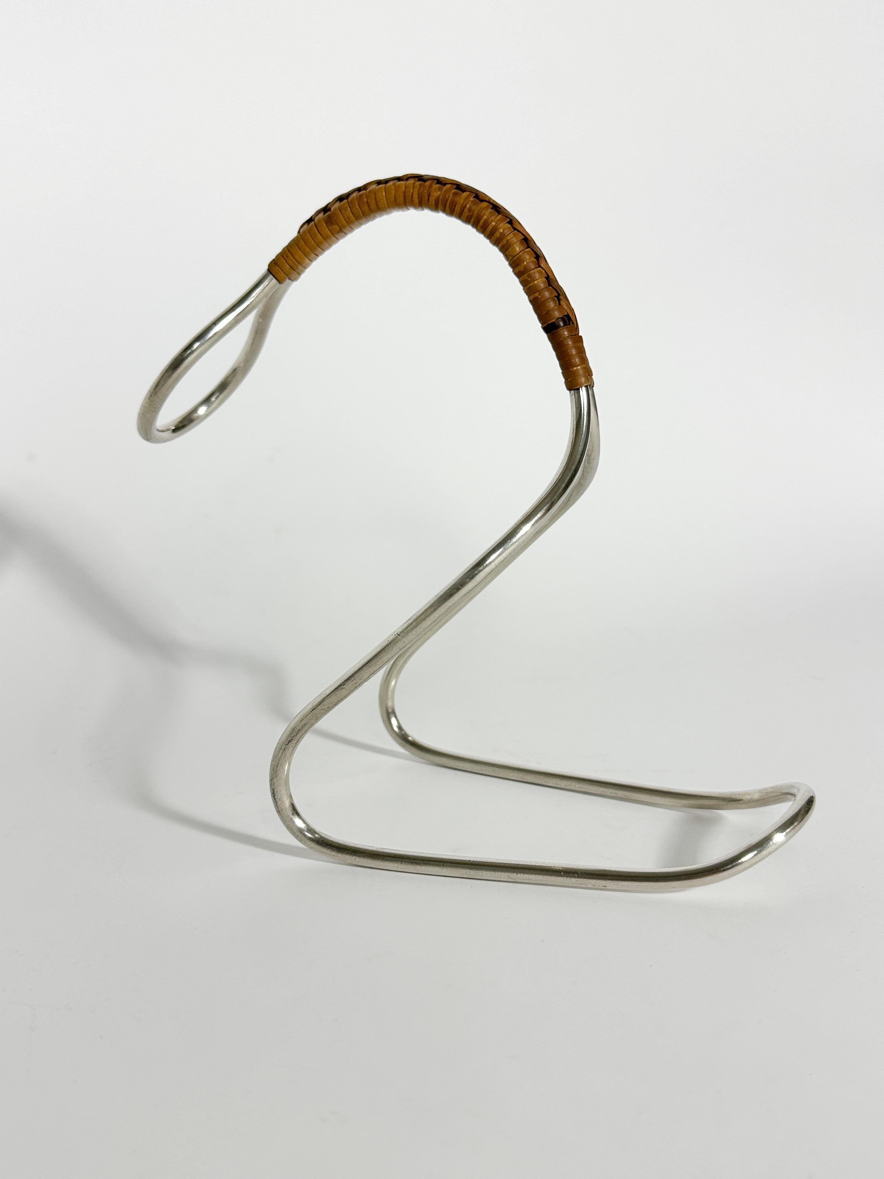 Carl Auböck Wine Bottle Server Wicker Handle Nickel Silver 1950s In Good Condition For Sale In Basel, BS