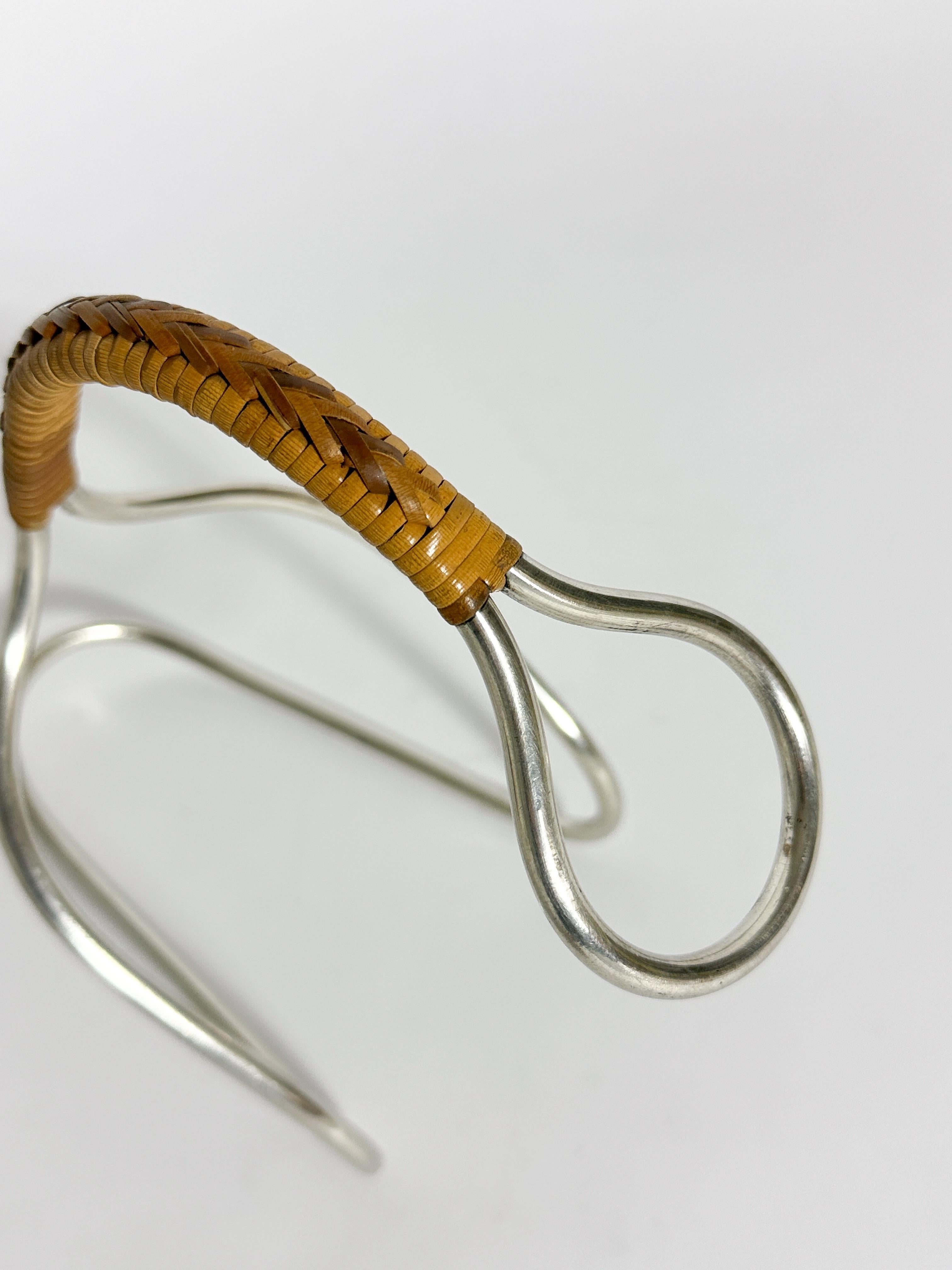 Mid-20th Century Carl Auböck Wine Bottle Server Wicker Handle Nickel Silver 1950s For Sale