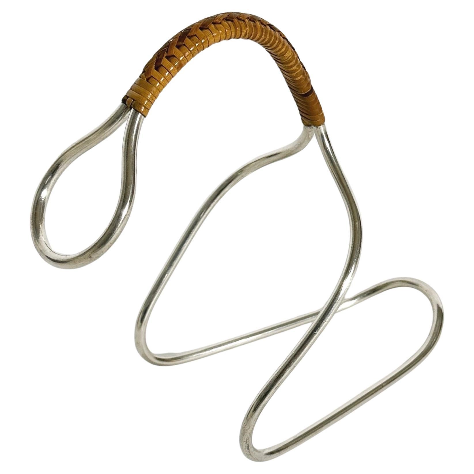 Carl Auböck Wine Bottle Server Wicker Handle Nickel Silver 1950s For Sale