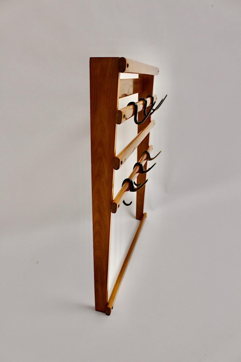 Austrian Carl Auböck Vintage Beech Brass Coat Rack or Coat Stand, Austria, 1950s For Sale