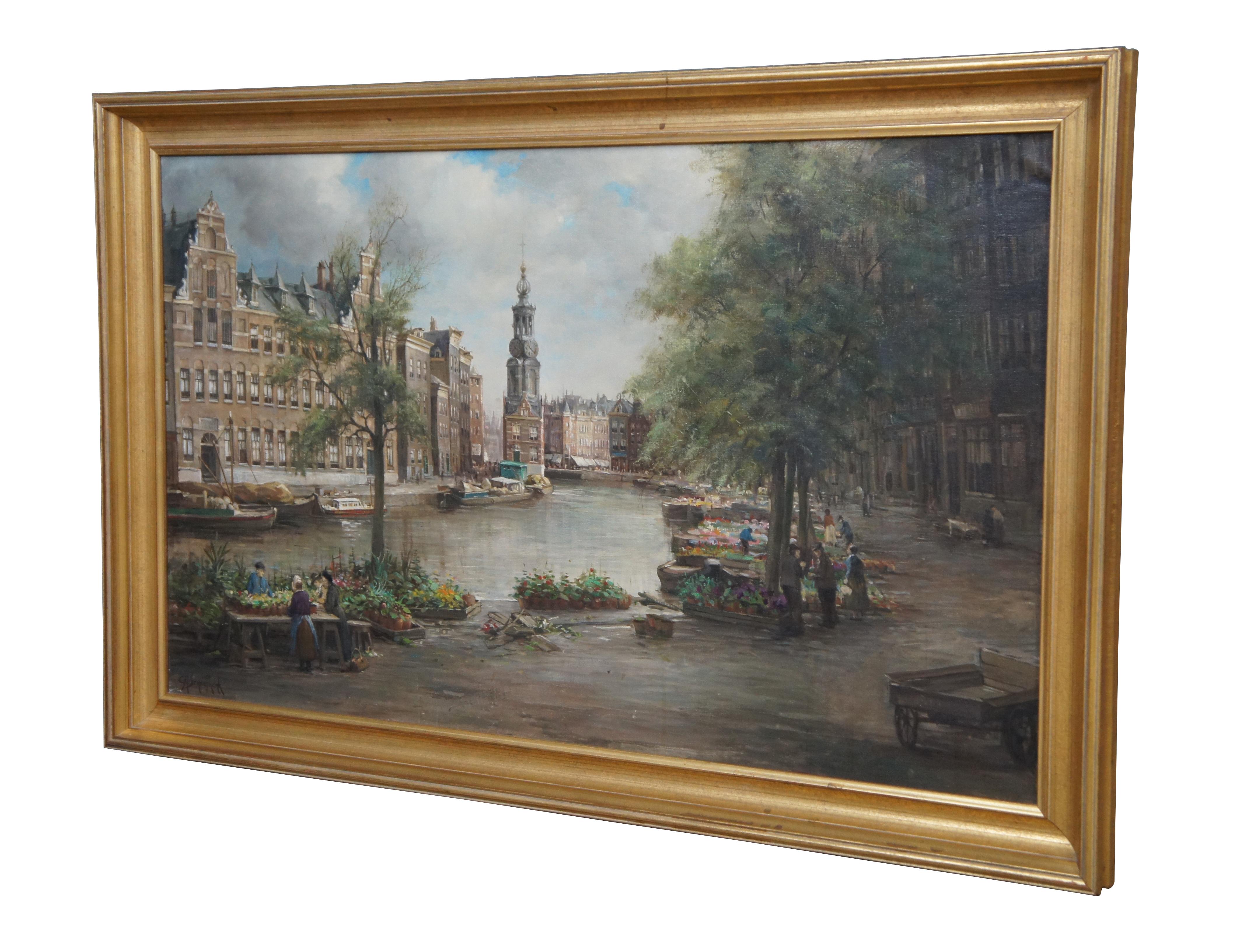 Early to mid 20th century oil on canvas painting by Carl August Streefkerk (Dutch, 1884-1968) showing a view of Amsterdam’s Bloemenmarkt (Flower Market) along the Singel Canal with the Munttoren (aka Munt) tower visible in the background. Carl
