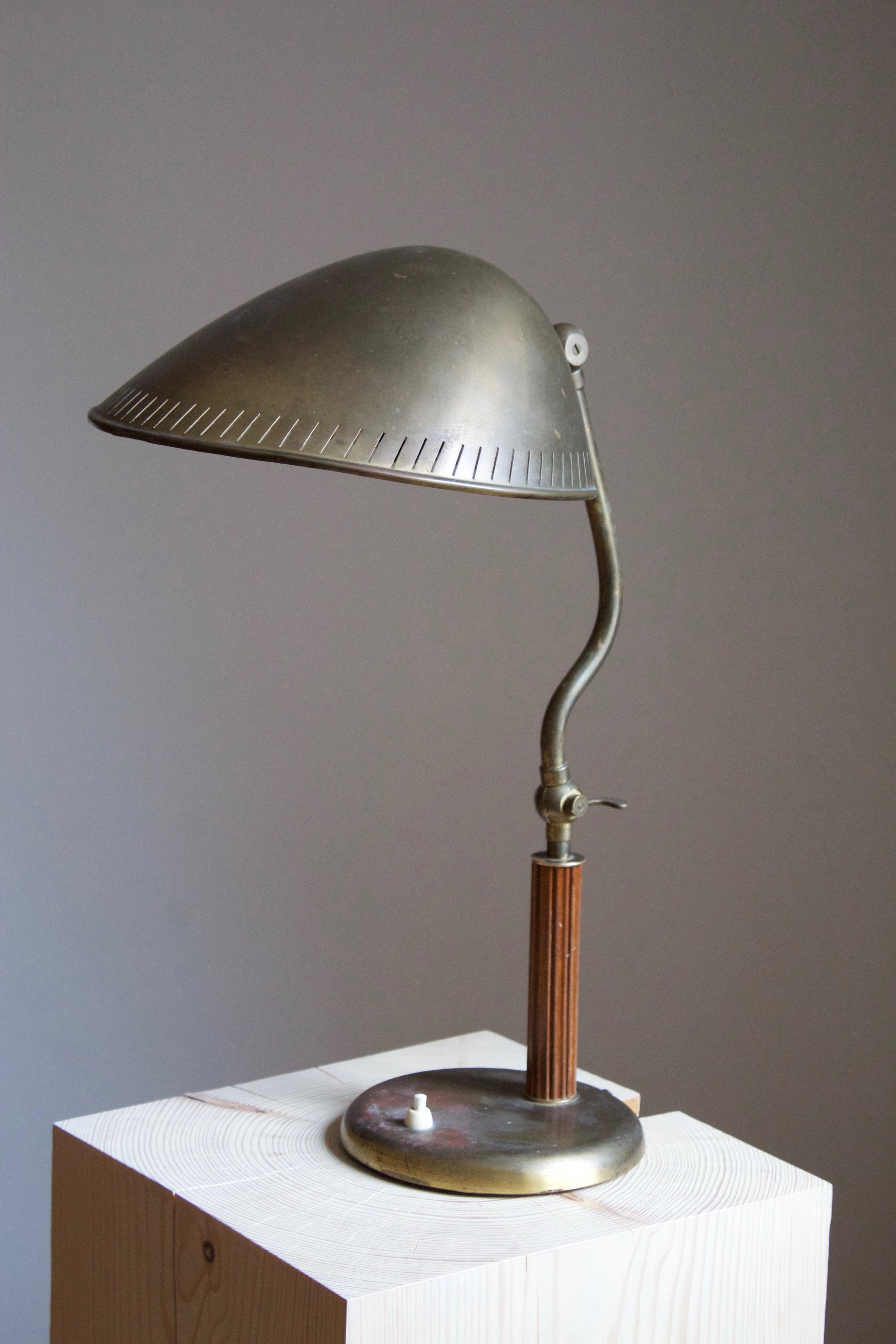 Mid-Century Modern Carl-Axel Acking 'Attributed', Adjustable Table Lamp, Brass Elm, 1940s