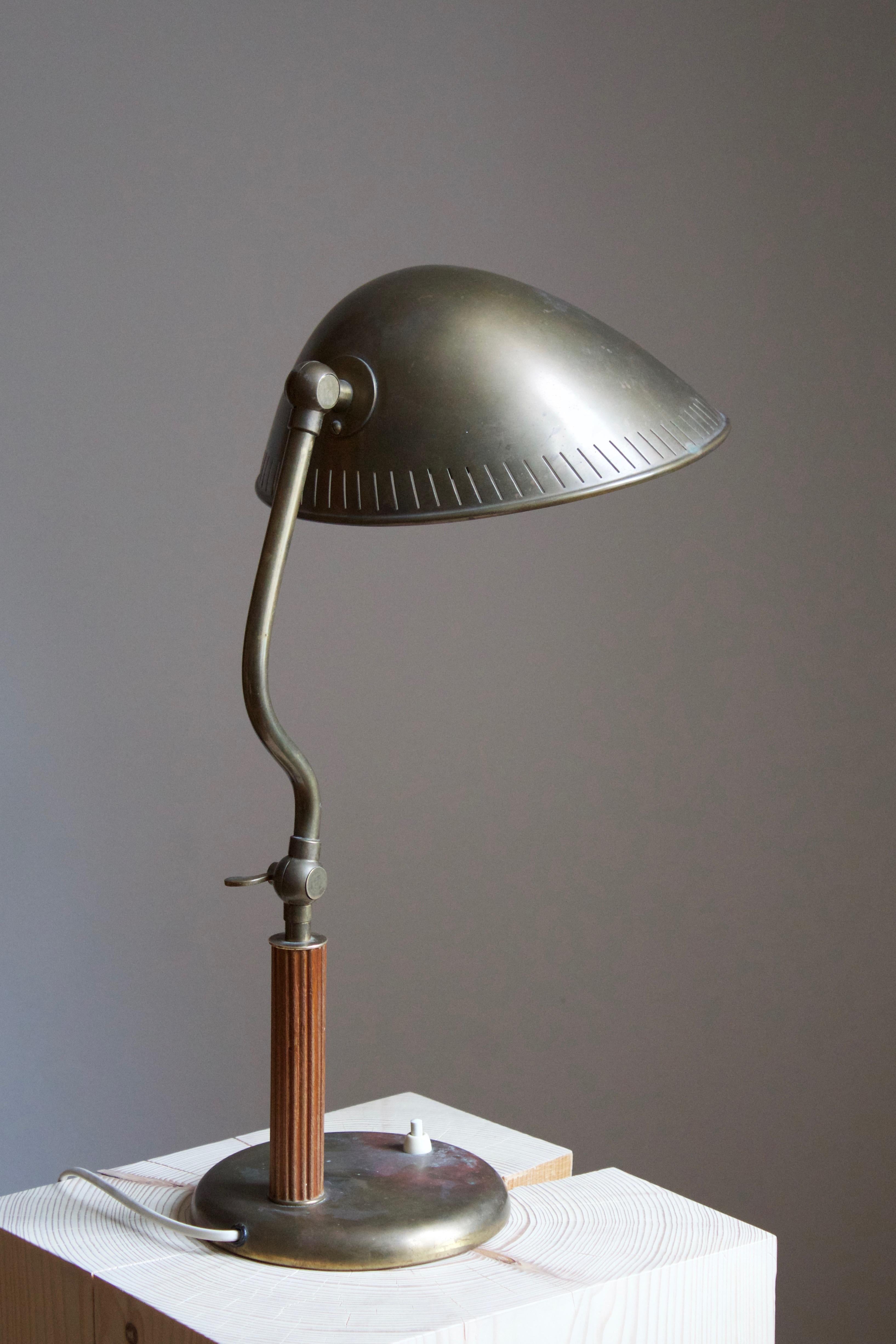 Swedish Carl-Axel Acking 'Attributed', Adjustable Table Lamp, Brass Elm, 1940s