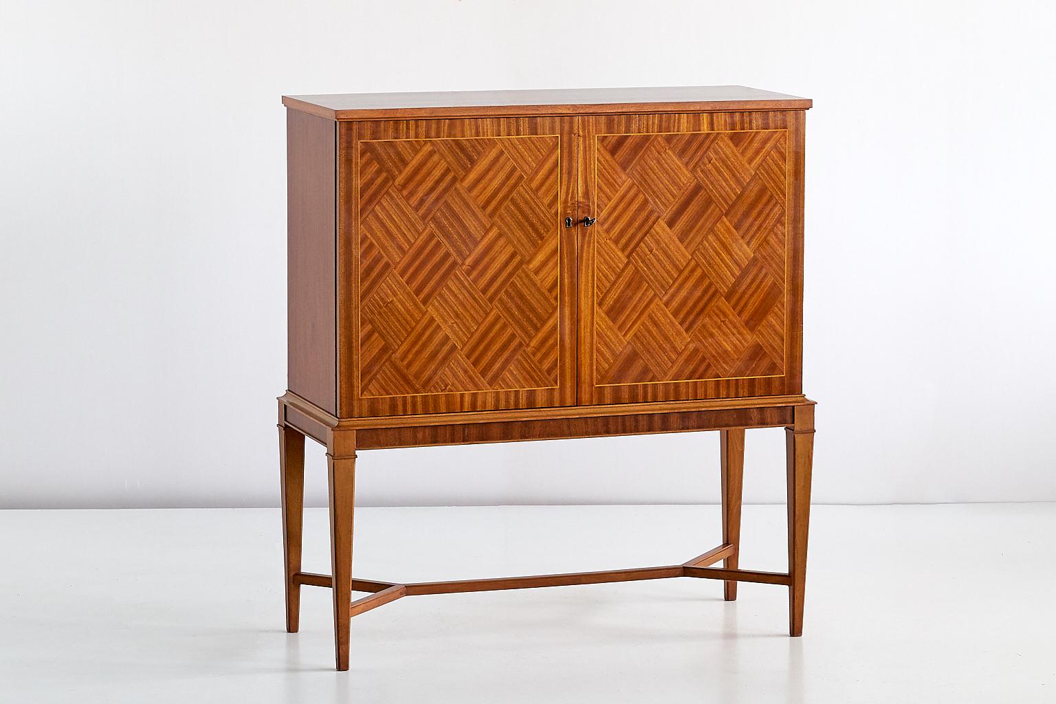 Scandinavian Modern Carl-Axel Acking Attributed Bar Cabinet with Geometric Mahogany Inlay, 1940s