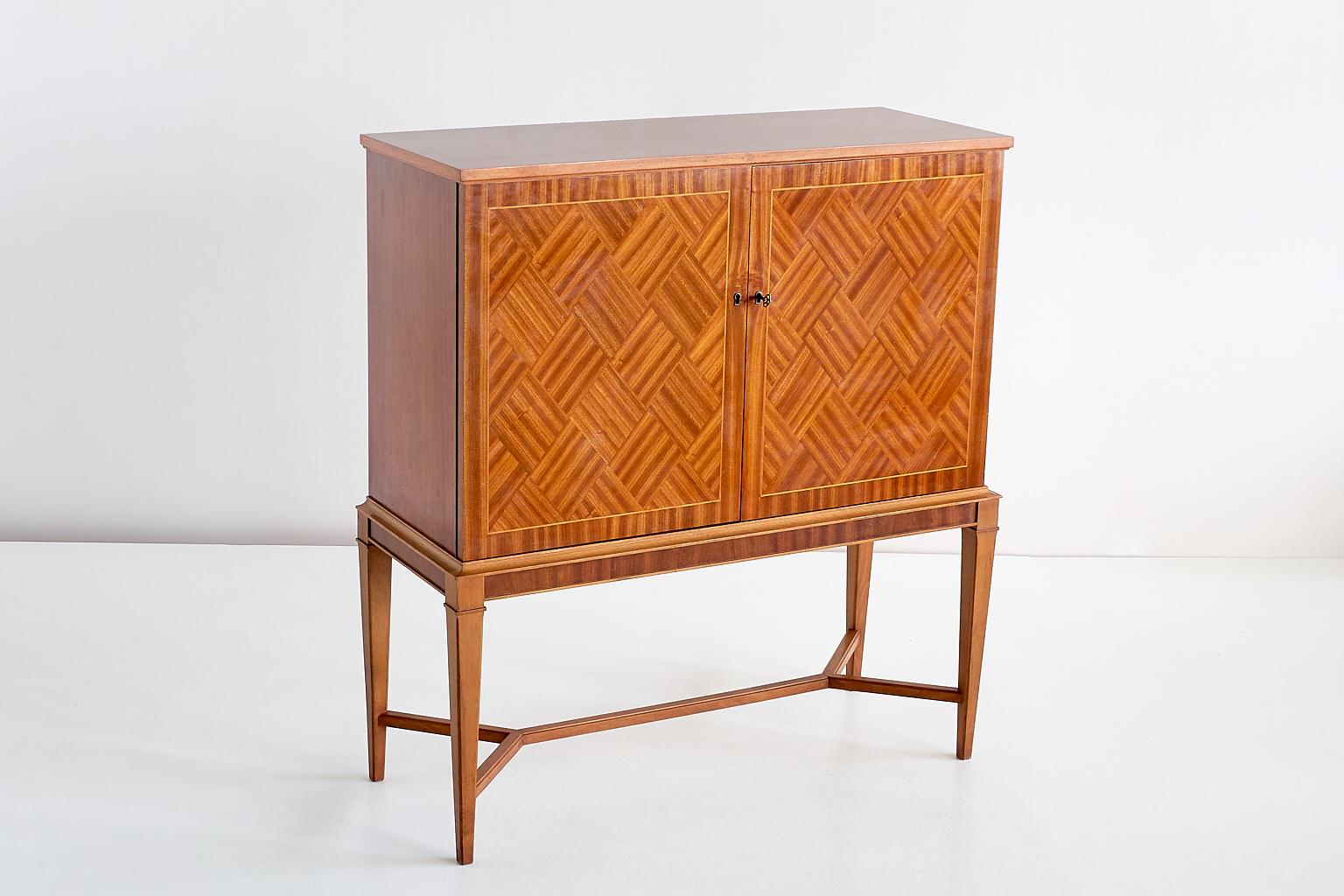 Swedish Carl-Axel Acking Attributed Bar Cabinet with Geometric Mahogany Inlay, 1940s
