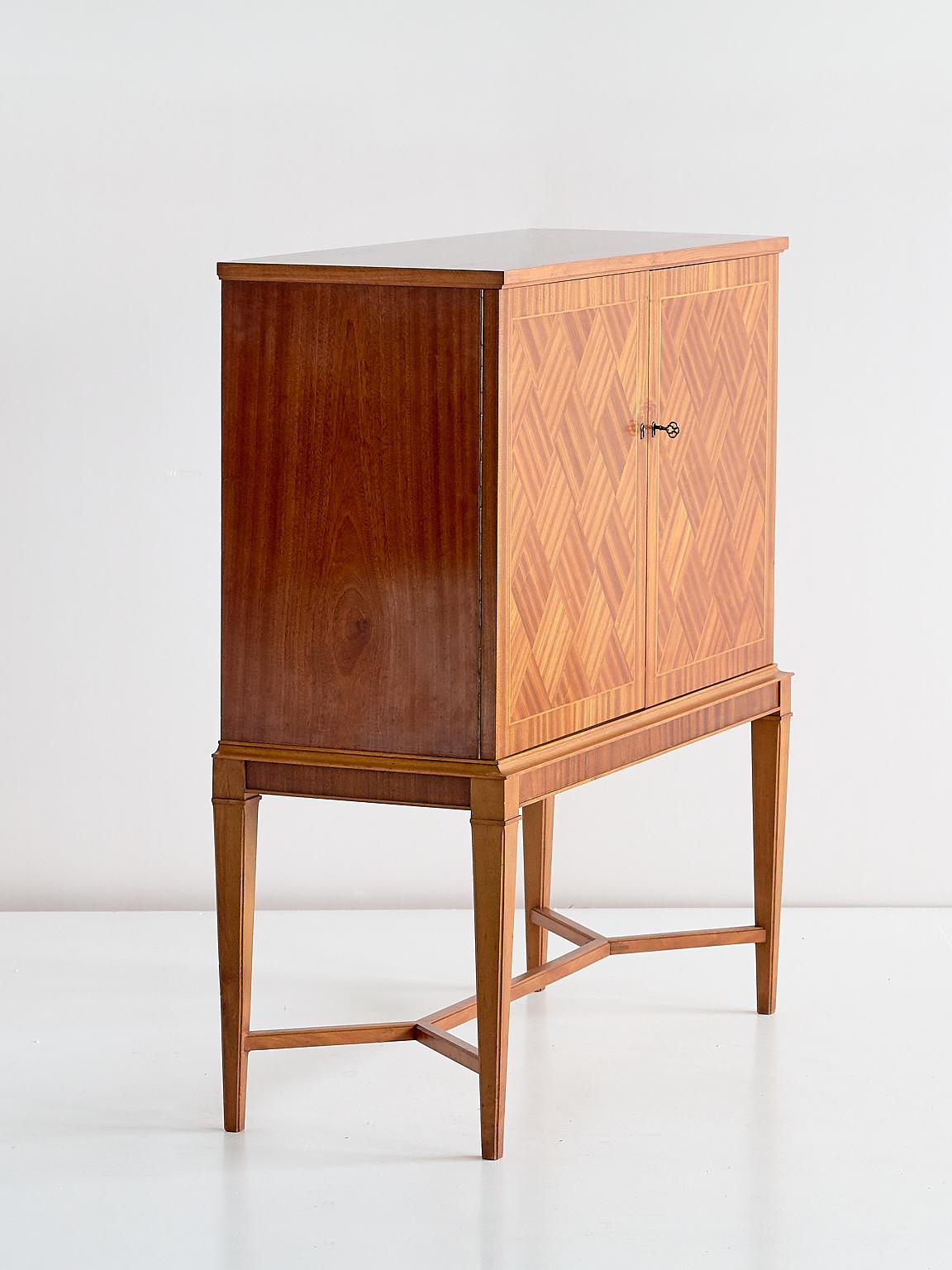 Mid-20th Century Carl-Axel Acking Attributed Bar Cabinet with Geometric Mahogany Inlay, 1940s