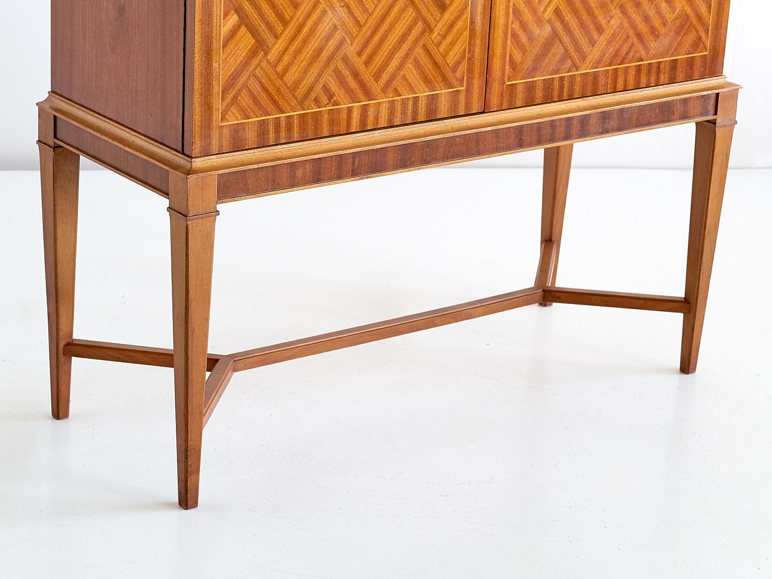 Glass Carl-Axel Acking Attributed Bar Cabinet with Geometric Mahogany Inlay, 1940s