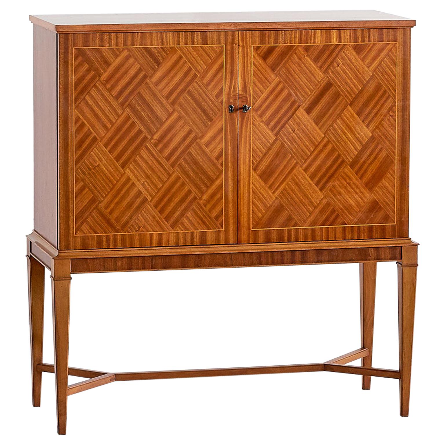 Carl-Axel Acking Attributed Bar Cabinet with Geometric Mahogany Inlay, 1940s