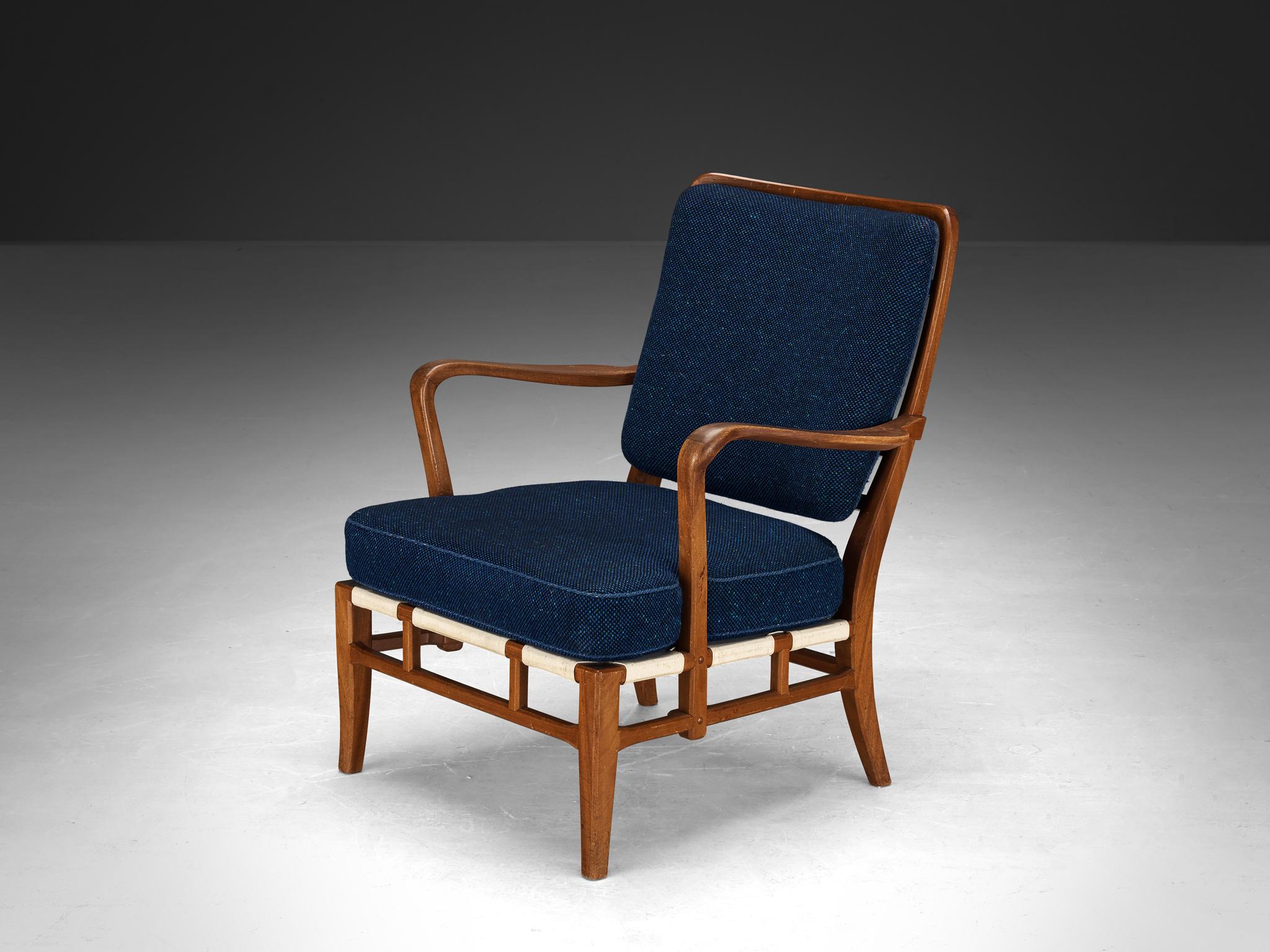 Carl-Axel Acking für Nordiska Kompaniet Hantverk, Loungesessel, Mahagoni, Stoff, Leder, Schweden, 1940er Jahre

Schöner Sessel mit einer bedeutenden Provenienz. Dieser Stuhl wurde von Carl-Axel Acking entworfen und war zuvor in seinem Besitz. Dieser