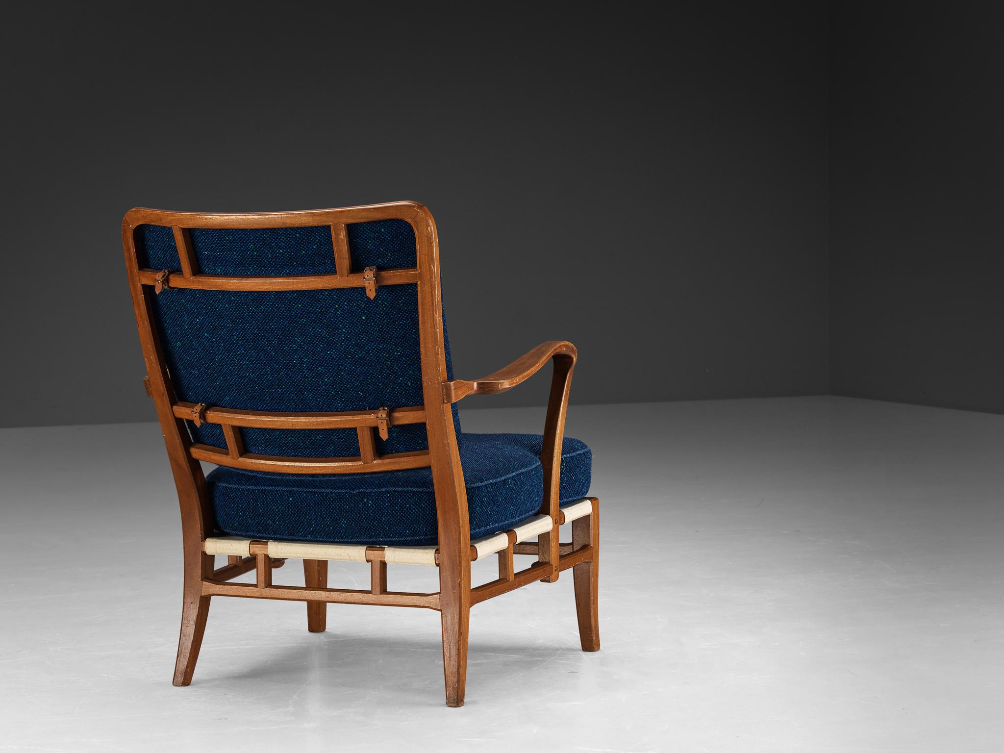 Scandinave moderne Chaise longue Carl-Axel Acking pour Nk Hantverk en acajou et laine bleue  en vente