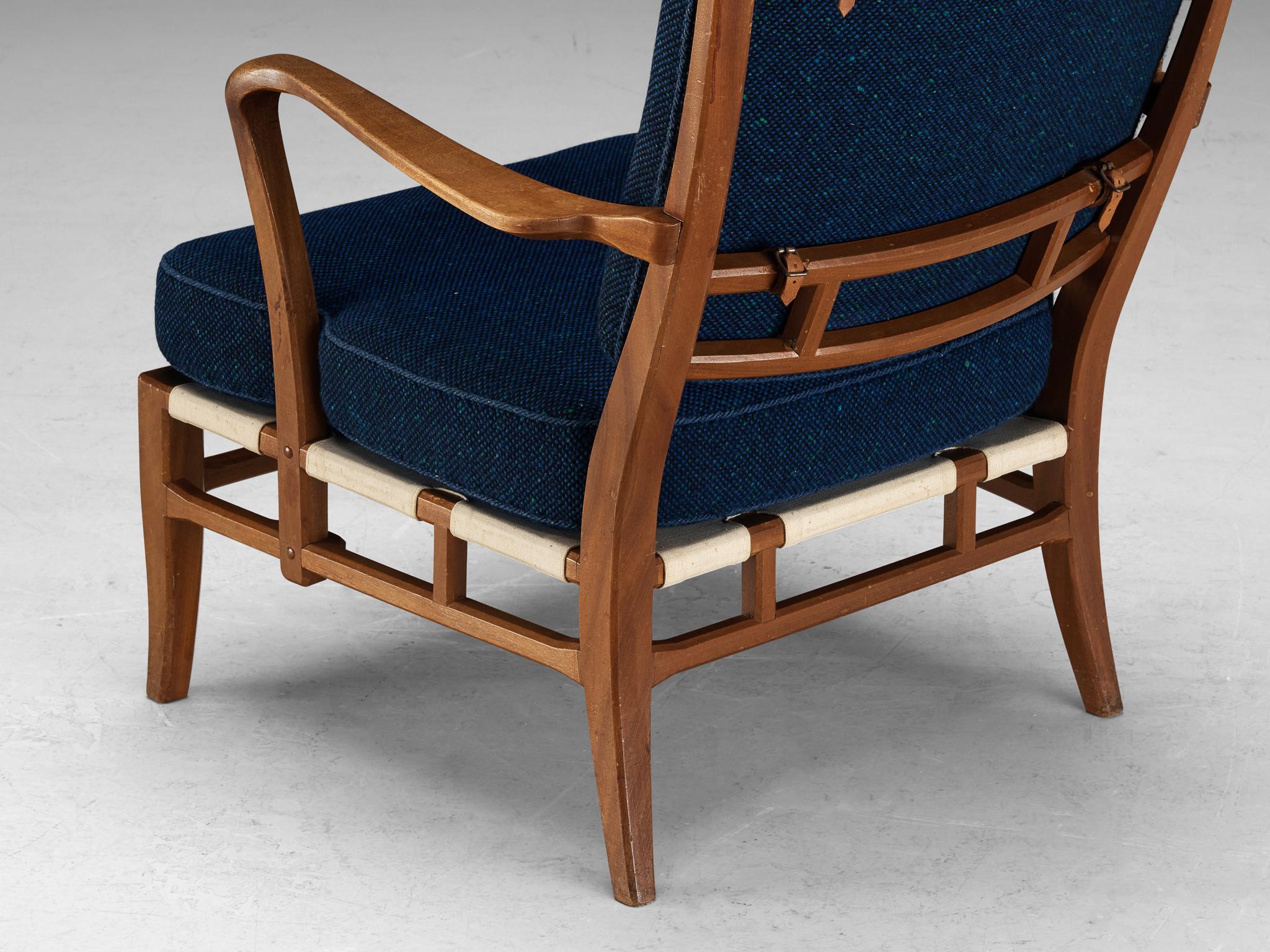 Swedish Carl-Axel Acking for Nk Hantverk Lounge Chair in Mahogany and Blue Wool  For Sale