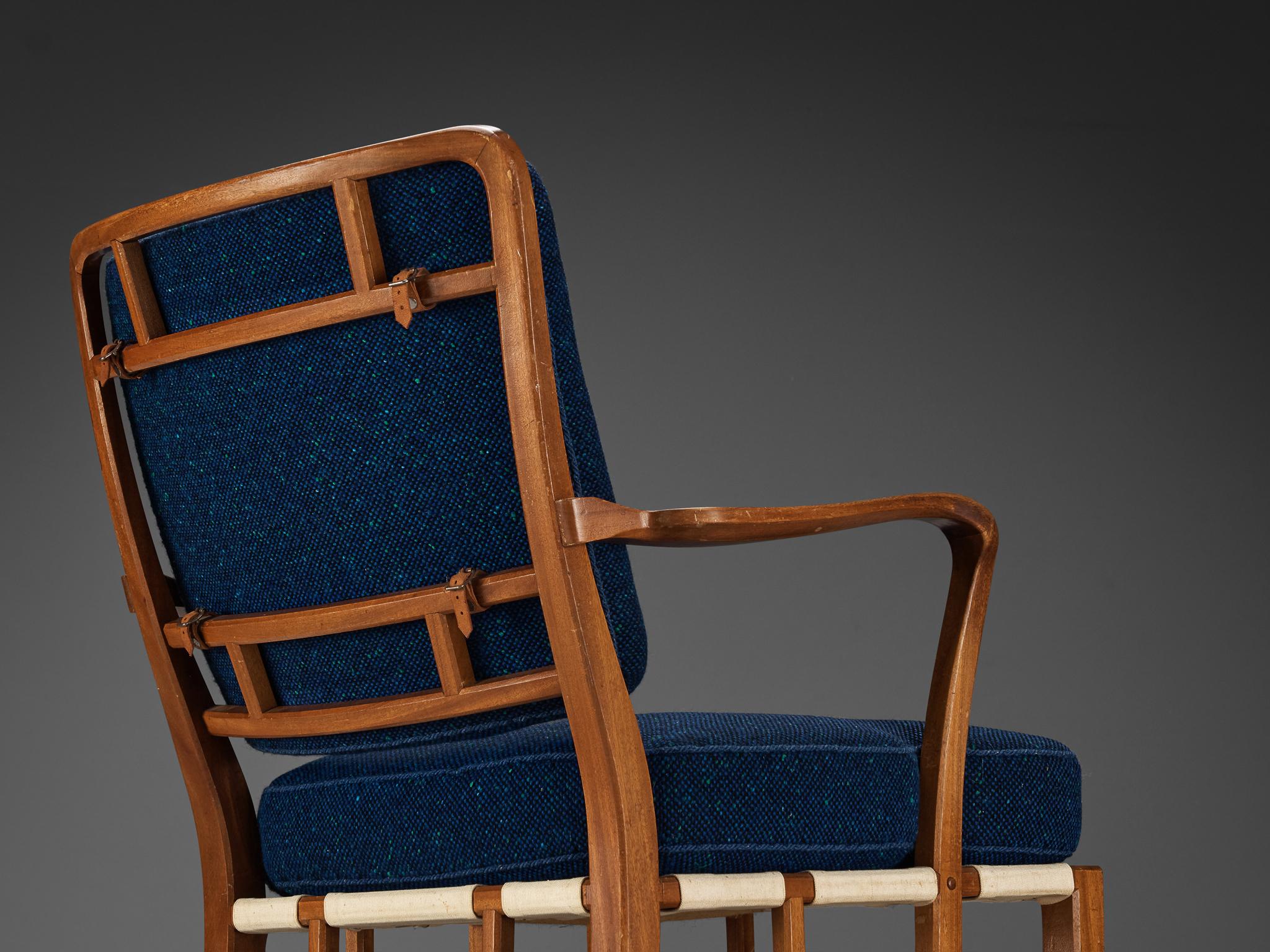 Carl-Axel Acking for Nk Hantverk Lounge Chair in Mahogany and Blue Wool  In Good Condition For Sale In Waalwijk, NL