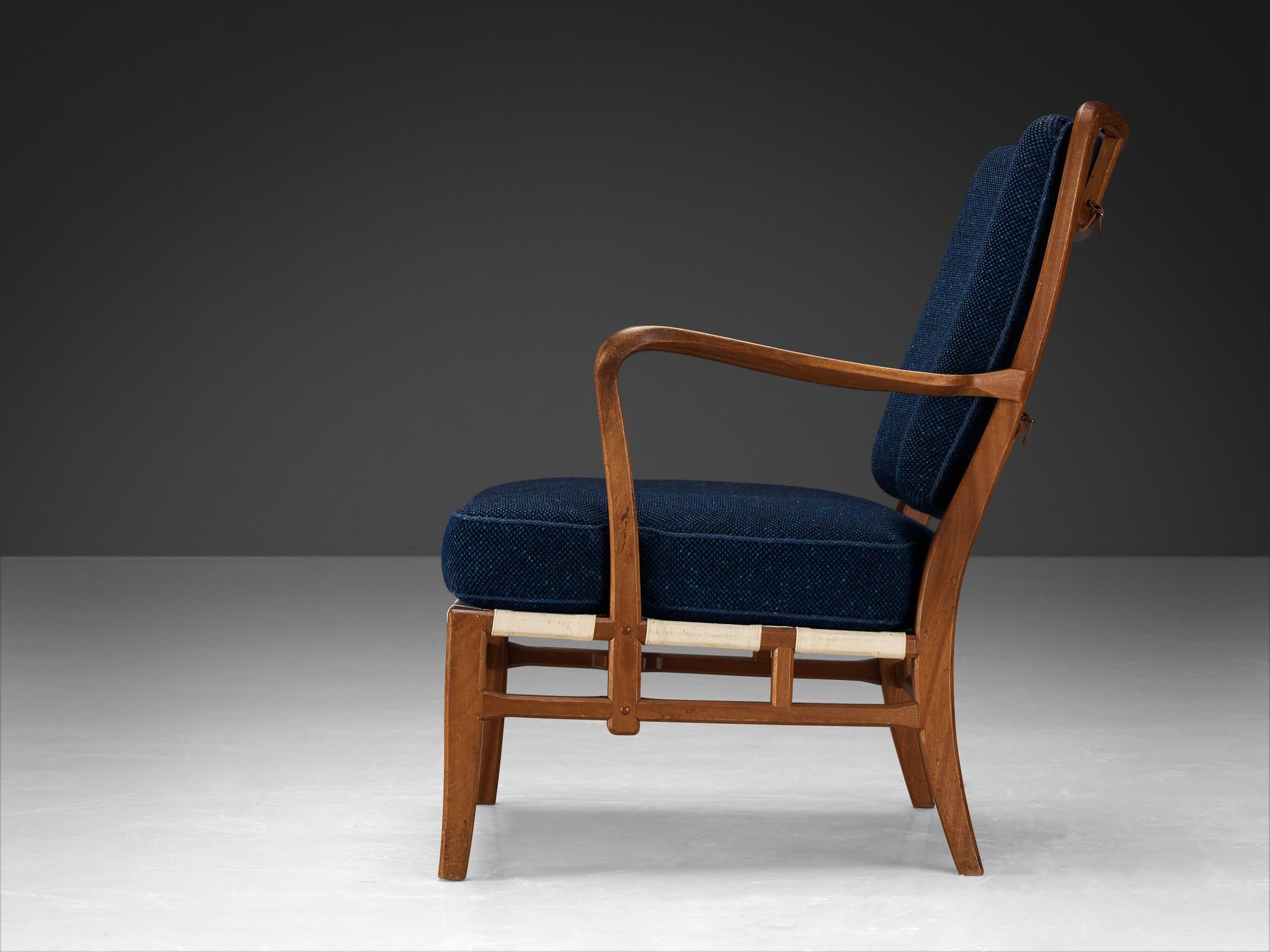 Mid-20th Century Carl-Axel Acking for Nk Hantverk Lounge Chair in Mahogany and Blue Wool  For Sale