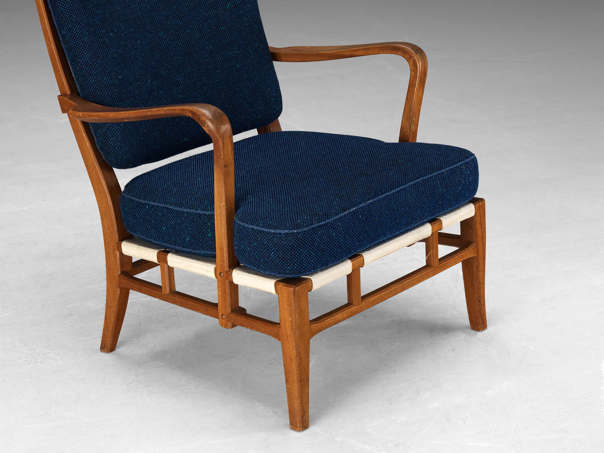 Fabric Carl-Axel Acking for Nk Hantverk Lounge Chair in Mahogany and Blue Wool  For Sale