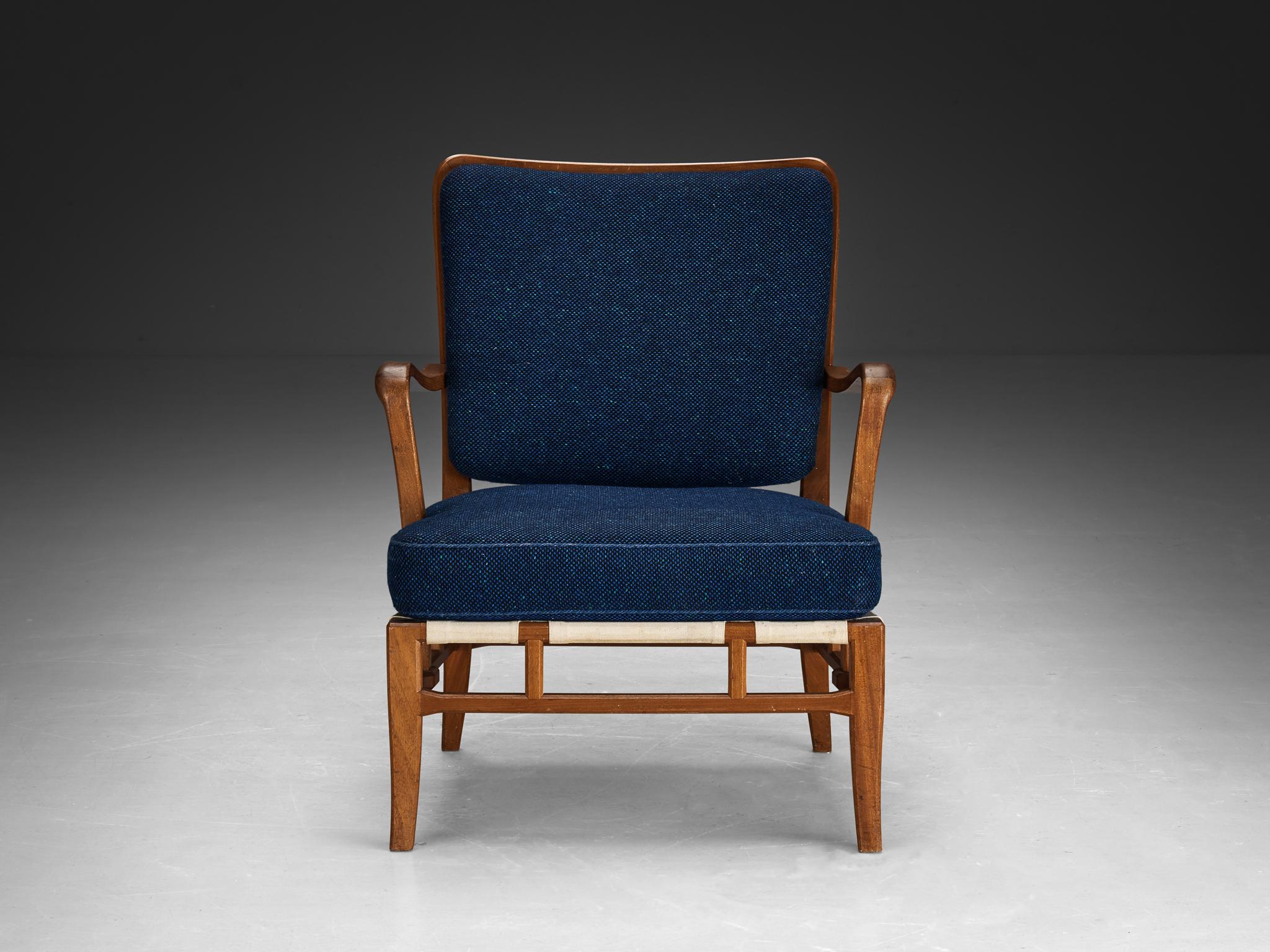 Carl-Axel Acking for Nk Hantverk Lounge Chair in Mahogany and Blue Wool  For Sale 1