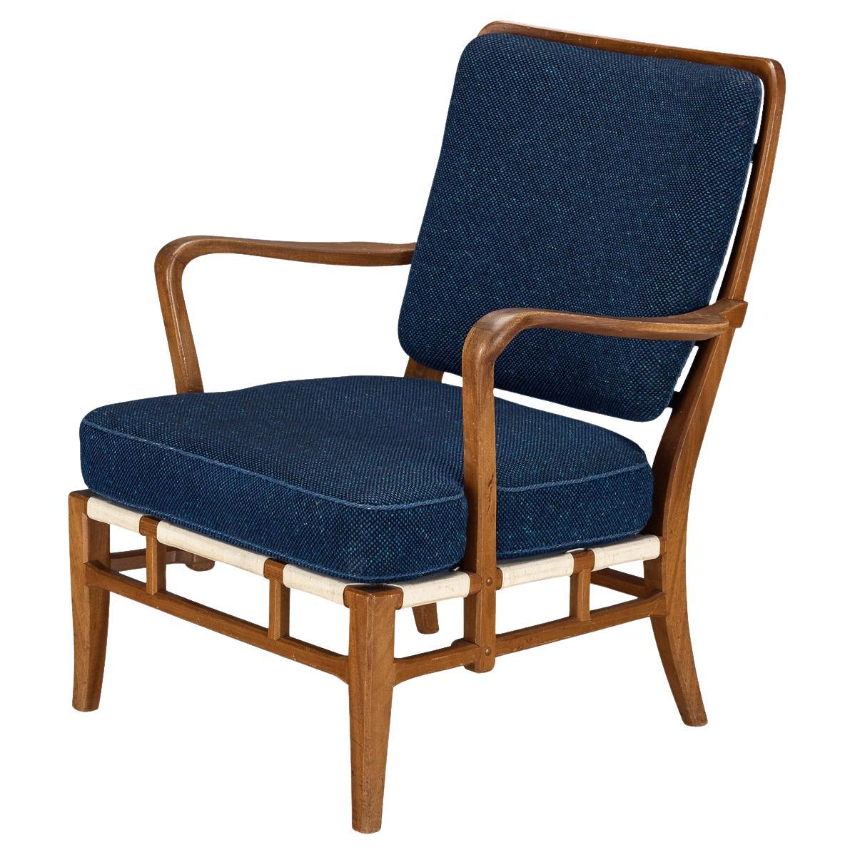 Carl-Axel Acking for Nk Hantverk Lounge Chair in Mahogany and Blue Wool  For Sale