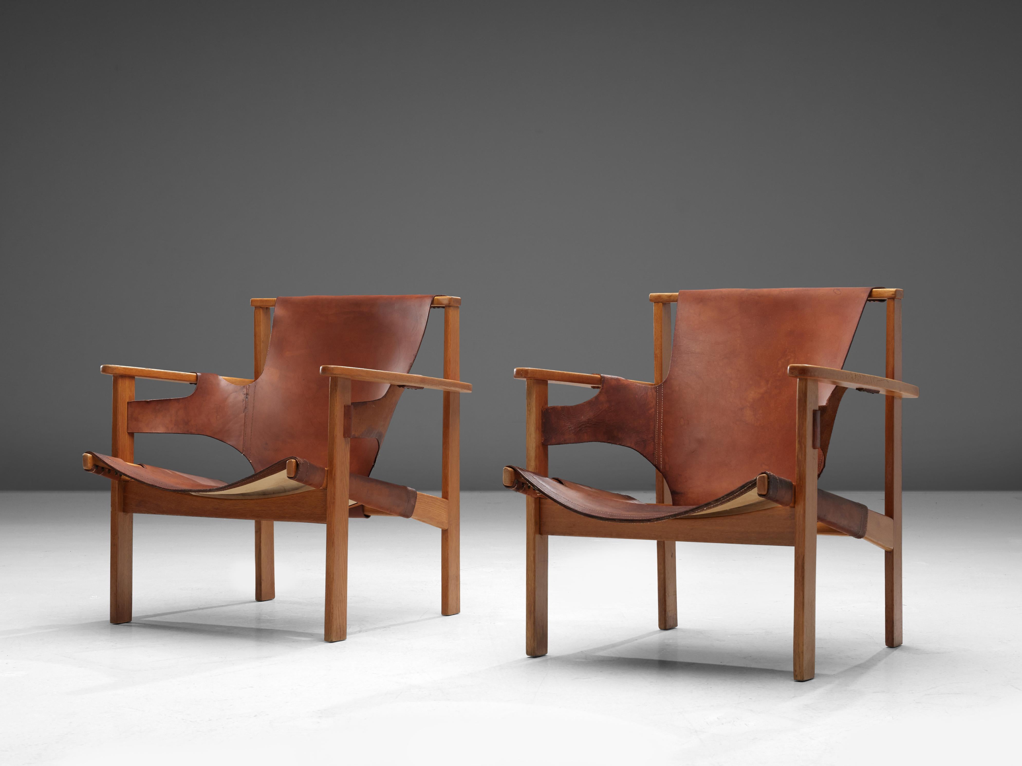 Swedish Carl-Axel Acking Pair of 'Trienna' Lounge Chairs in Oak and Leather