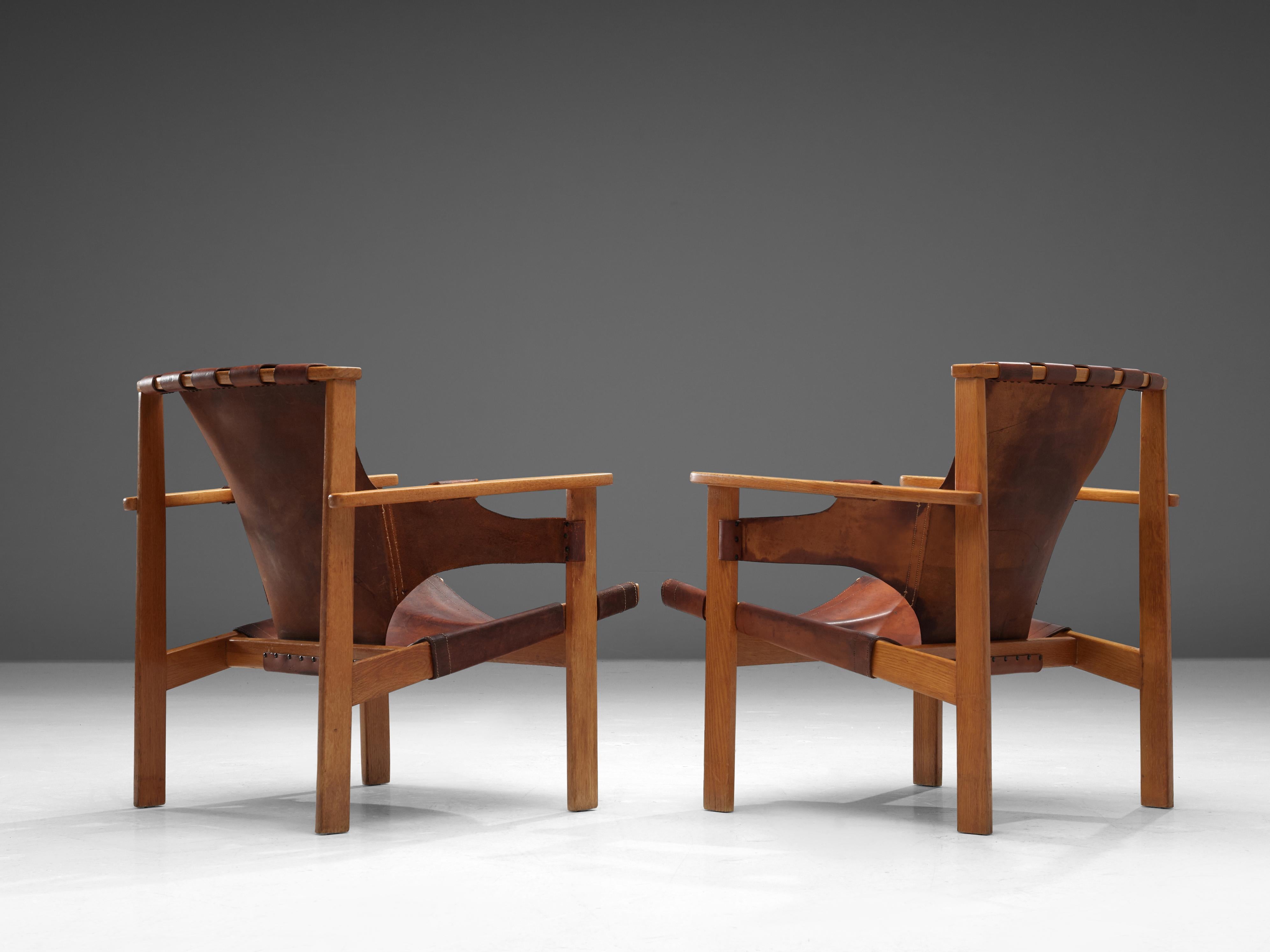 Mid-20th Century Carl-Axel Acking Pair of 'Trienna' Lounge Chairs in Oak and Leather