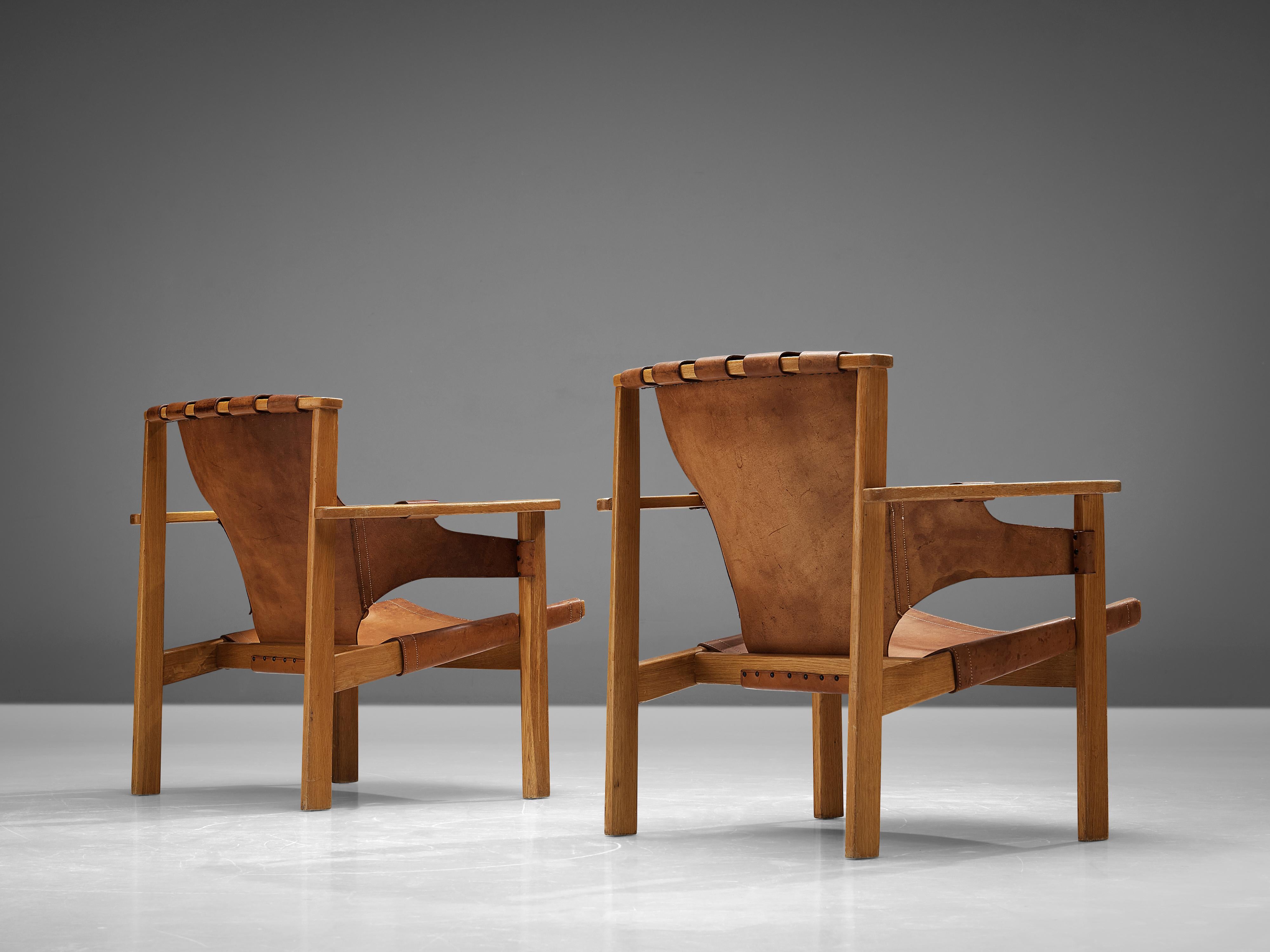 Swedish Carl-Axel Acking Pair of ‘Trienna’ Lounge Chairs in Oak and Patinated Leather