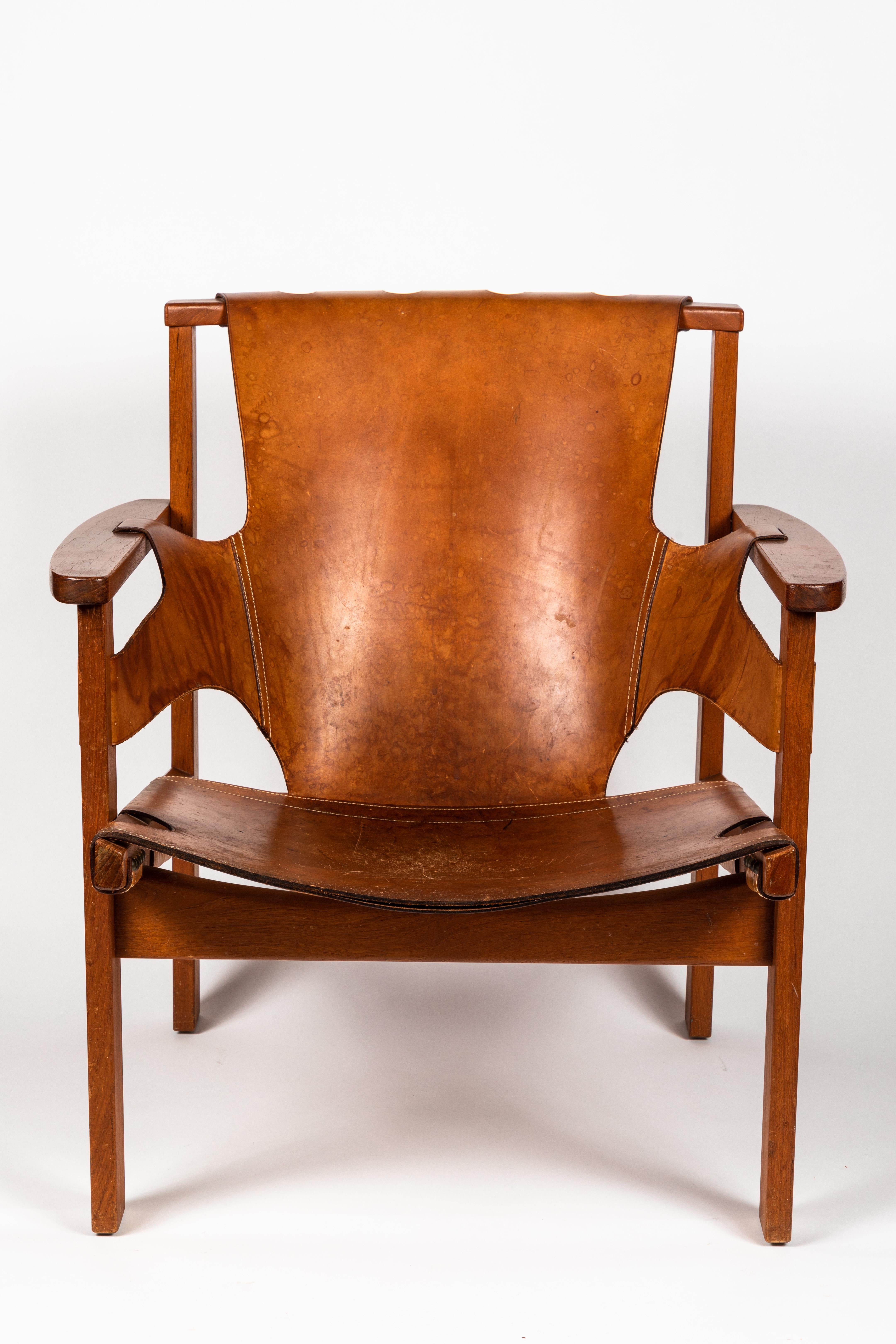 Swedish Carl Axel Acking 'Trienna' Chair in Patinated Brown Leather, circa 1957