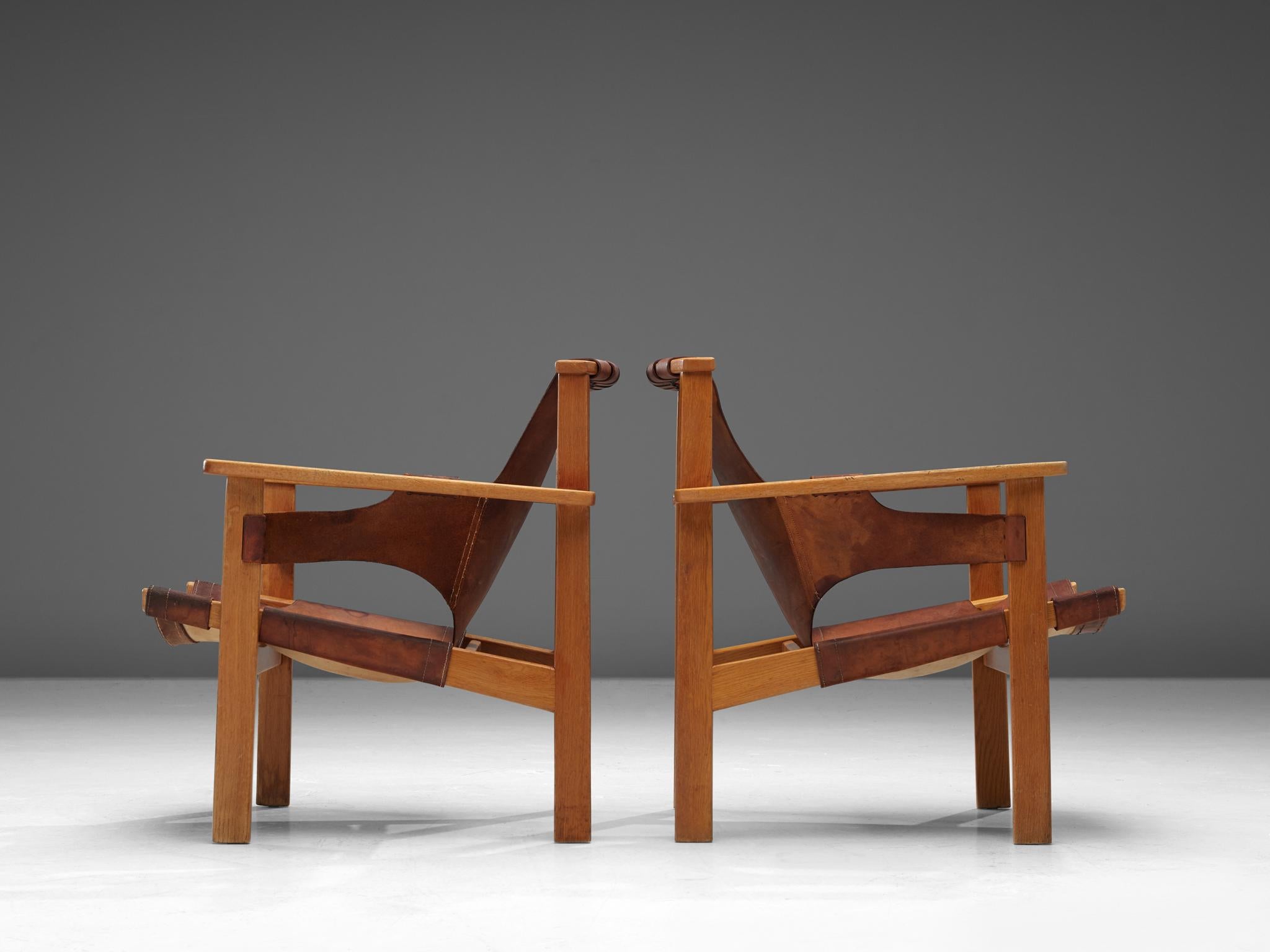 Carl Axel Acking 'Trienna' Chairs in Patinated Brown Leather In Good Condition In Waalwijk, NL