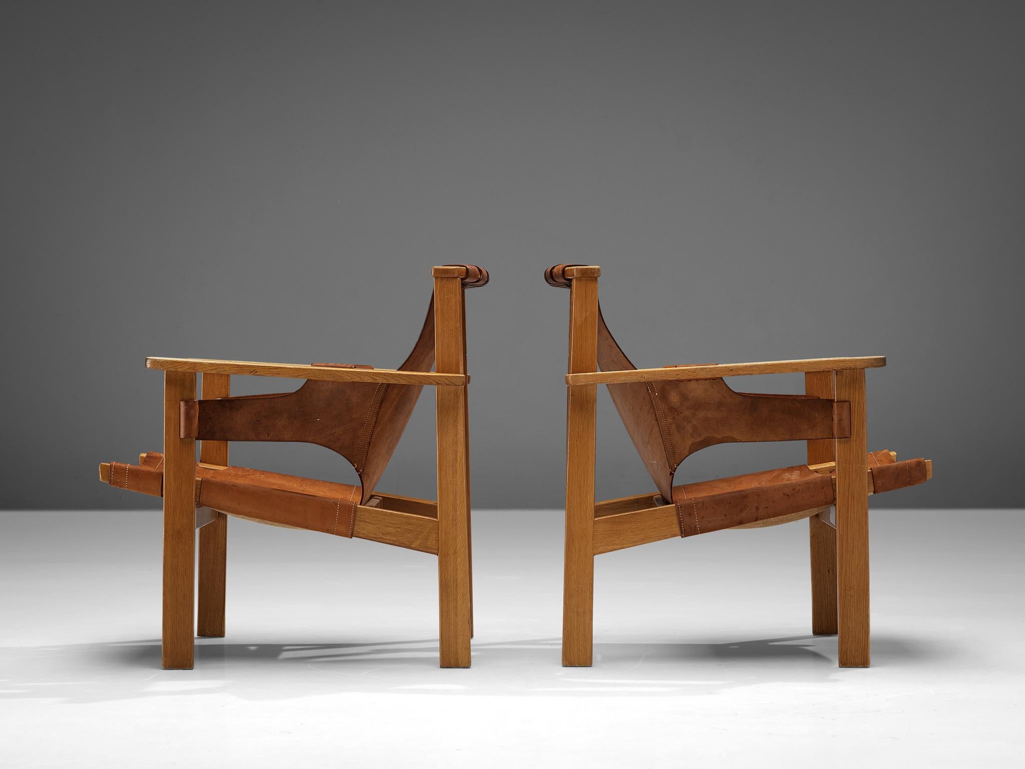 Carl-Axel Acking ‘Trienna’ Lounge Chairs in Oak and Patinated Leather For Sale 2