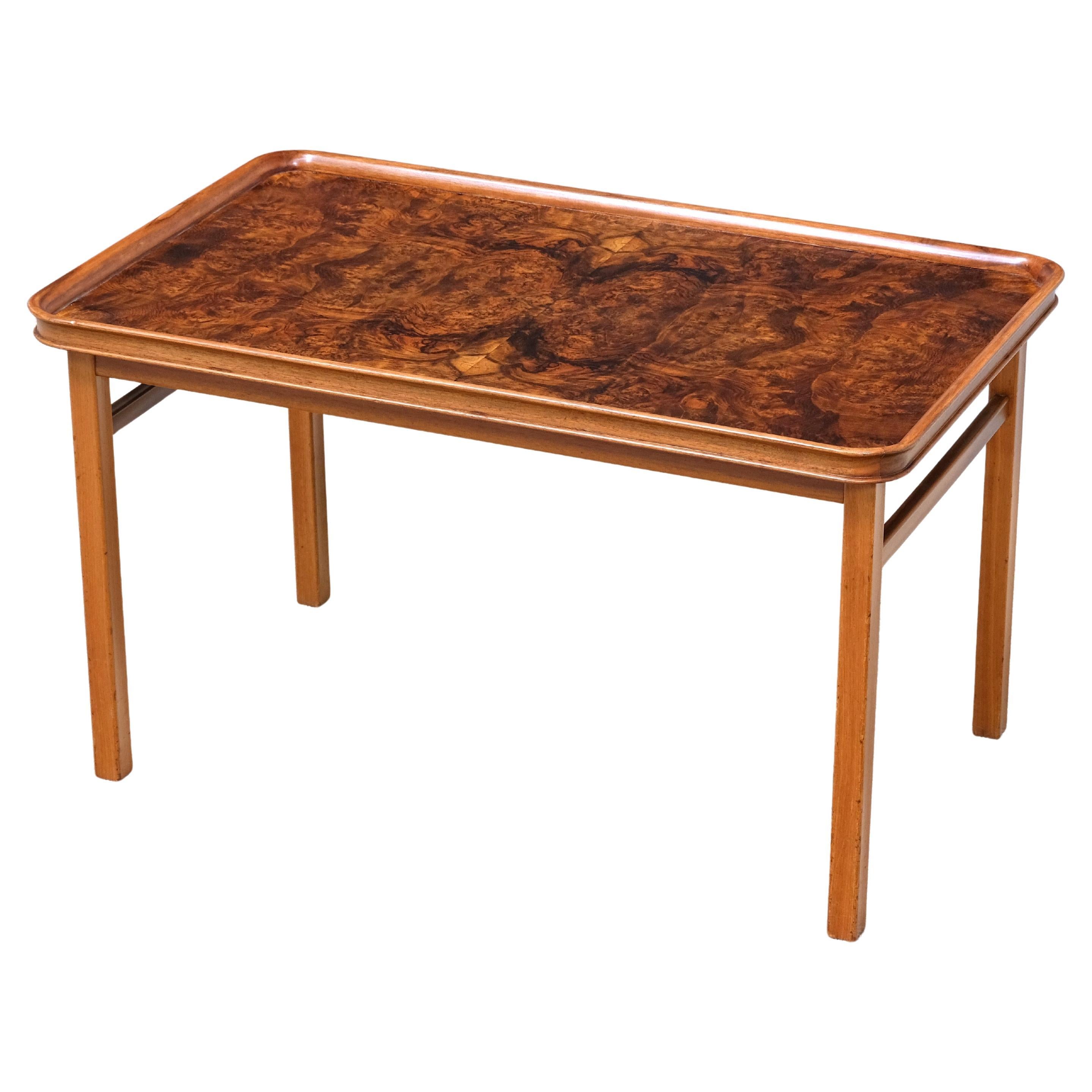 Carl-Axel Acking Walnut Burl and Mahogany Table, Hjalmar Jackson, Sweden, 1930s For Sale