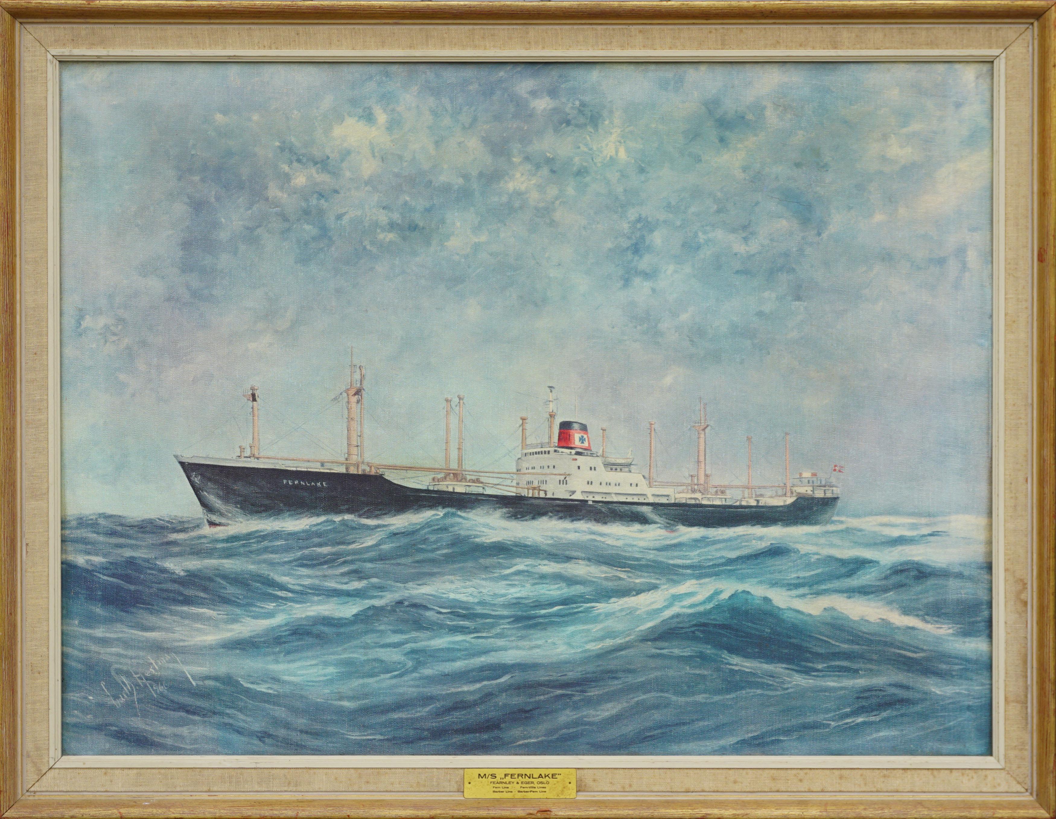 "FernLake"  Cargo Ship at Sea - Company Chromolithograph on Canvas 